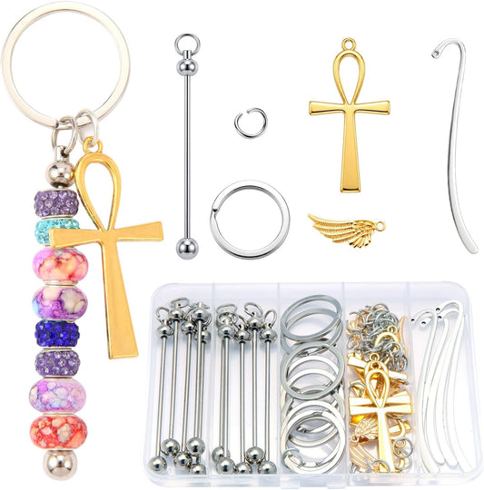 10 Pcs Beadable Bookmark Making kit Blanks DIY Metal Bookmarks with 5 Gold Cross & 5 Gold Wing Charms, Beaded Craft Jewelry Making Kit for Book Lovers, Includes Storage Box