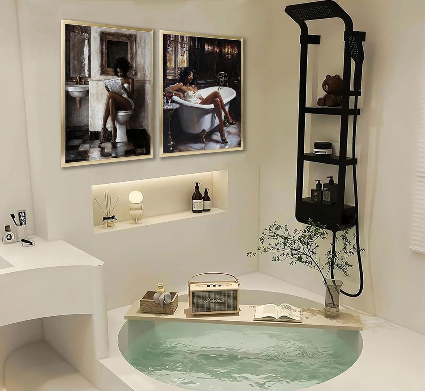 2pcs Black Women Bathroom Canvas Wall Art African American Bathroom Posters Prints Paintins Fashion Black Girl Reading Newspaper Wall Decor Pictures for Toilet Restroom Furniture Decoration Unframed