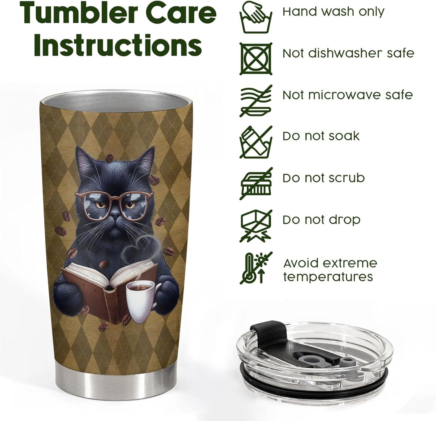 34HD Cat Bookish Tumbler 20oz Stainless Steel Insulated Travel Coffee Cup - Funny Book Lover Gift for Feline Mom on Birthday, Mother's Day & Christmas