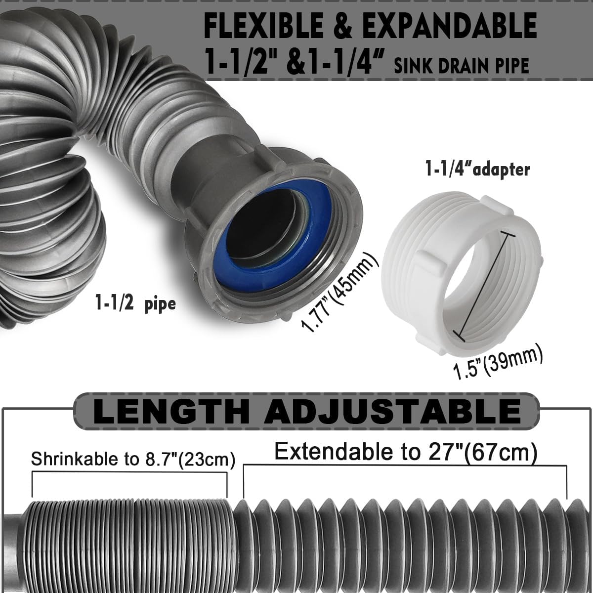 Flexible Expandable Double P-Trap Kit for 1 1/2" or 1 1/4" Double Bowl Sink Drain, Tube Pipes Kit Fit for Kitchen, Bathroom, Complete with Sealing Ring, Tape, and Tubing