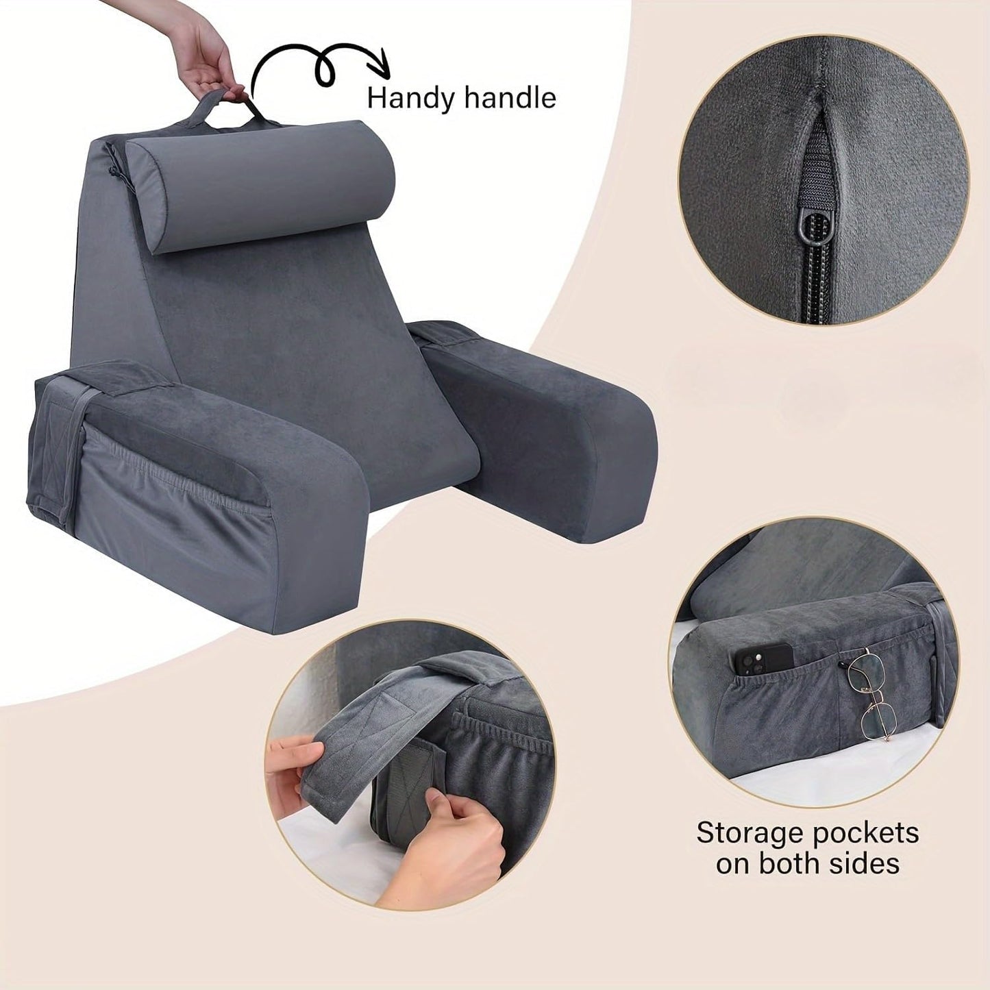 Backrest Pillow with Armrests and Storage Pockets, Gray, Reading Support Cushion with Removable Arms and Neck Roll
