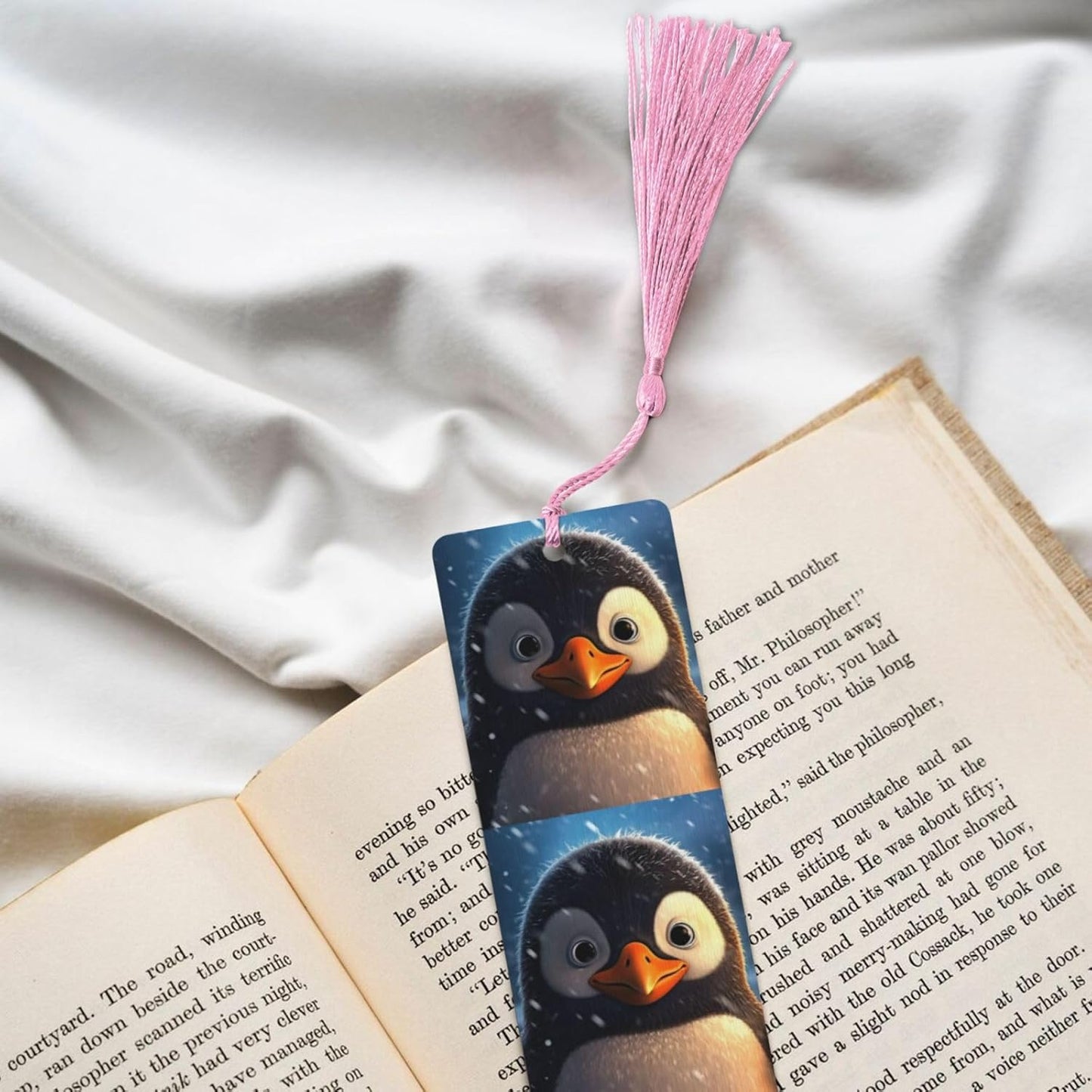 Penguin in The Snow Bookmarks Gifts for Women Men, Wooden Bookmarks for Book Lovers, Vintage Book Marks Ornaments with Tassel, Unique Personalized Reading Page Markers Pink