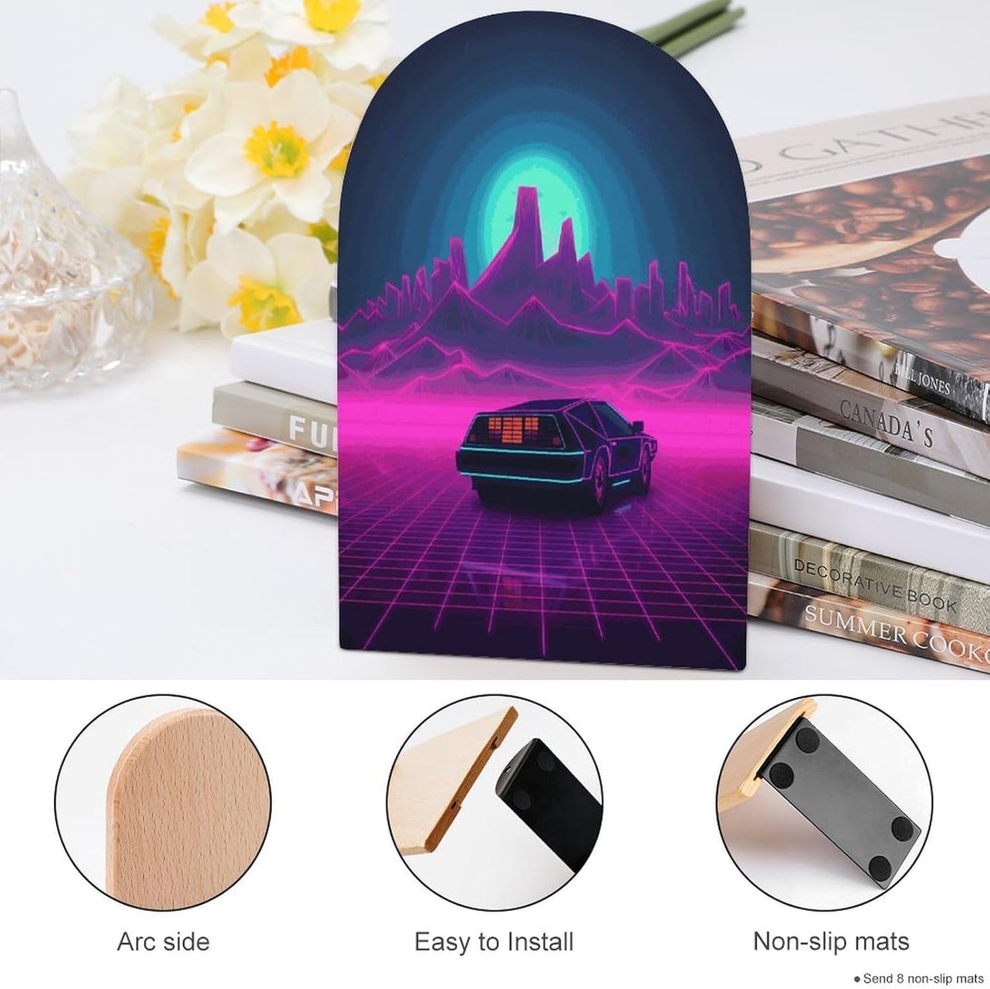 Non-Slip Bookend for Shelves Retrowave Pictures Wooden Bookends with Metal Base Decorative Book Stopper for Home Heavy Duty Wood Book Storage for Books/CDs