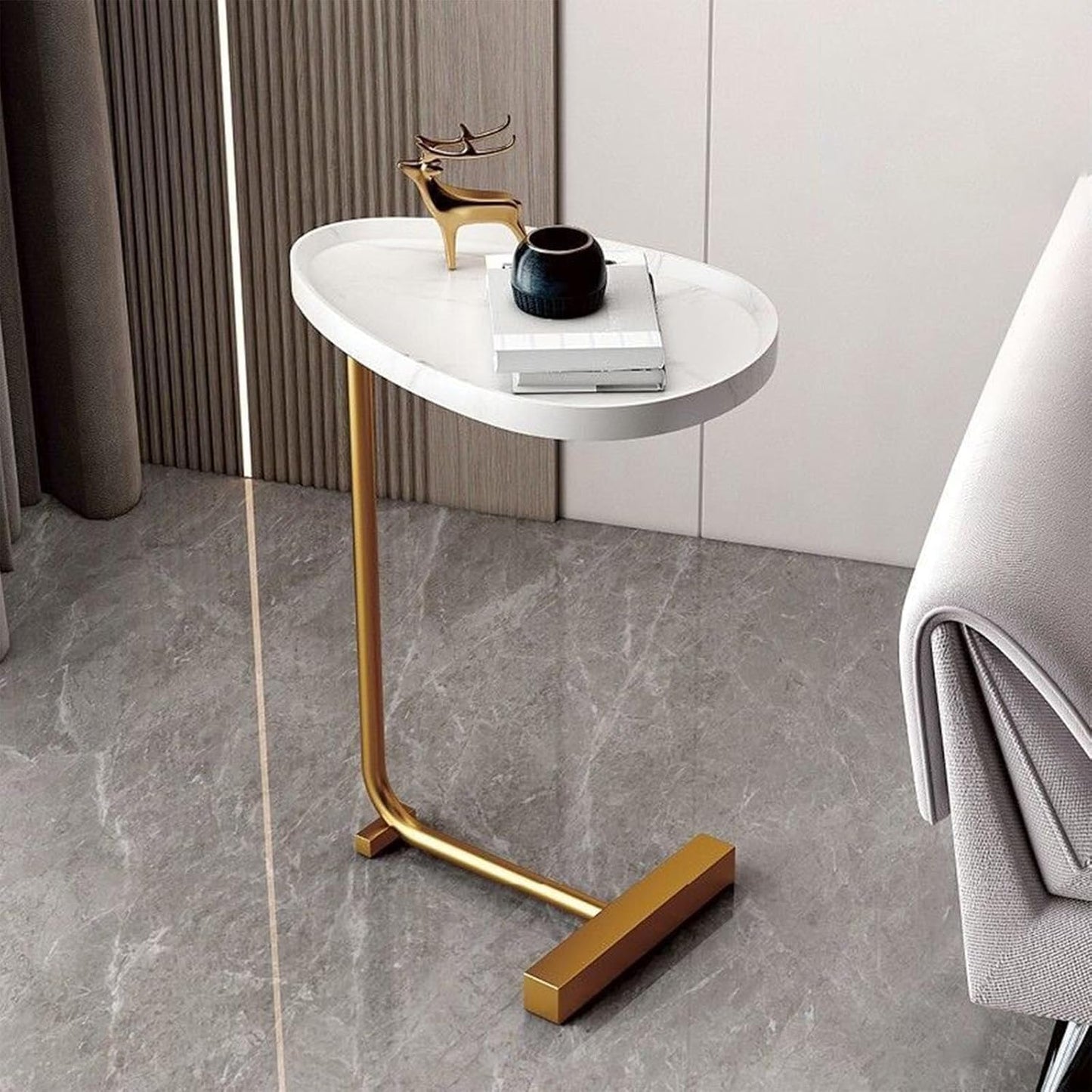 C-Shaped Modern End Table, Small Couch Side Table with Metal Legs, Nightstand for Living Room & Bedroom, Versatile Tray Table for Sofa & Armchair (Color: G)