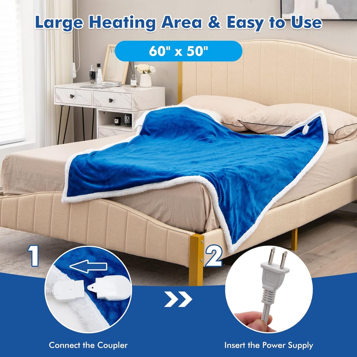 Giantex Heated Electric Blanket Throw, Reversible Flannel & Sherpa Fleece Blanket with 10 Heat Levels, 9 Hours Auto Shut-Off, Overheat Protection, 50'' X 60'' Machine Washable, Heating Blanket(Navy)
