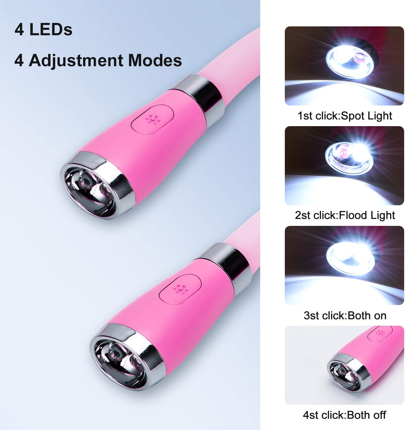 LED Neck Book Light, USB-C Rechargeable, Hands Free, 4 Super Bright LED Bulbs, 3 Adjustable Brightness, Best for Reading in Bed, Knitting, Walking, Jogging, Mending in Night (Pink)