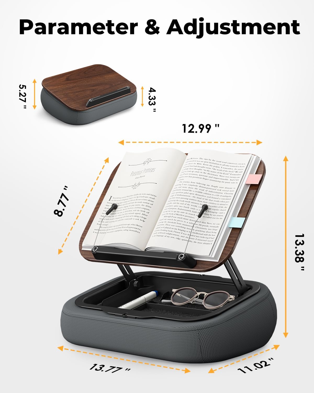 Adjustable Pillow Book Stand with Storage, Ergonomic Lap Beanbag Reading Pillow for Bed & Desk, Multi-Angle Book Stand Pillow Holder, Hands-Free Lap Reading Stand for Books, Tablets & iPad