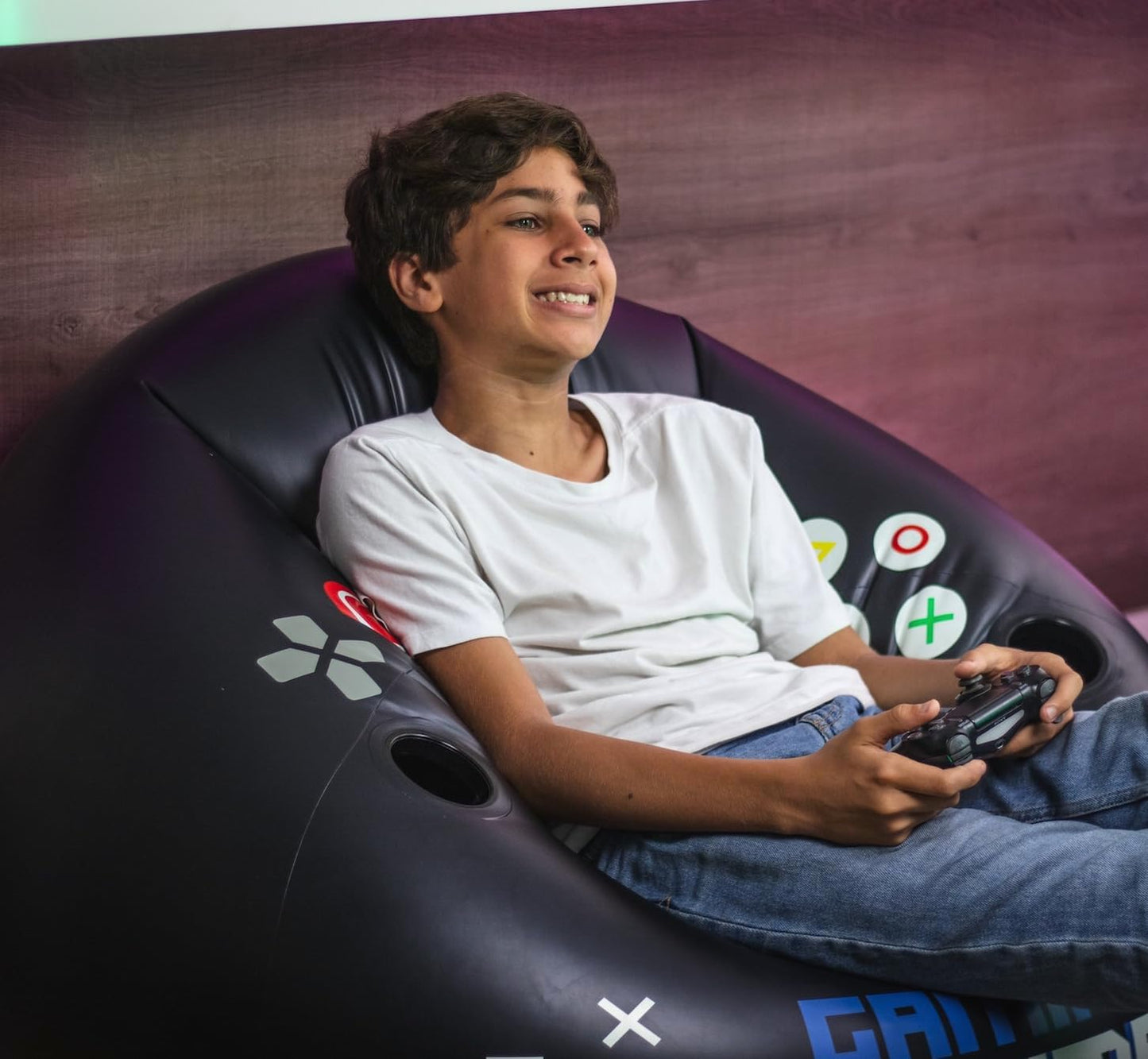Inflatable Gaming Chair for Kids & Teens with Cup Holders and Side Pocket - This Air Gaming Bean Bag Chairs for kids is The Perfect Furniture for Gamer Room Decor - Perfect Gaming Stuff for boys 4-12