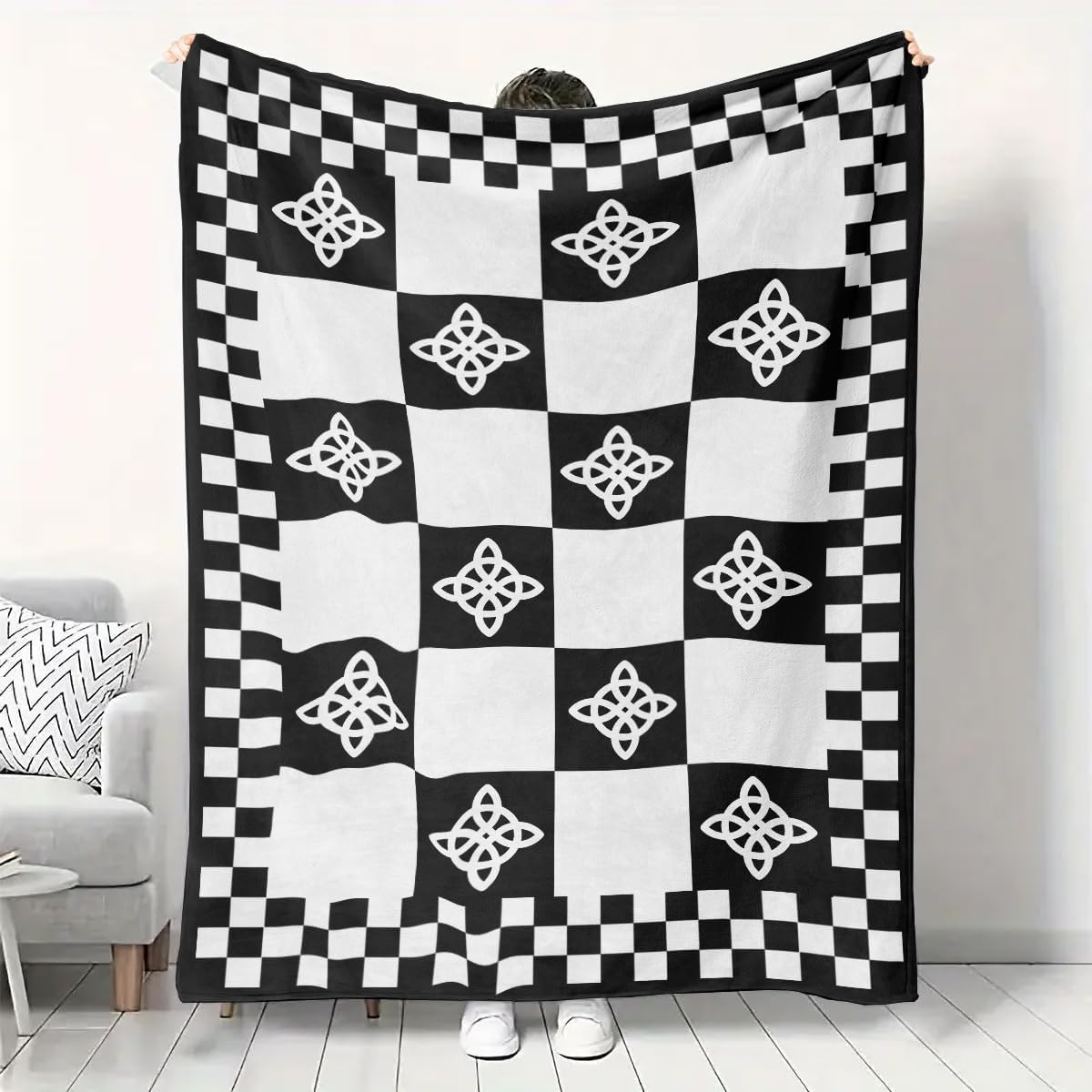 NIGHTCRUZ Witch Knot Throw Blanket, Black and White Checkered Pattern, Celtic Knot Decorative Blanket for Sofa and Couch (60" x 50")