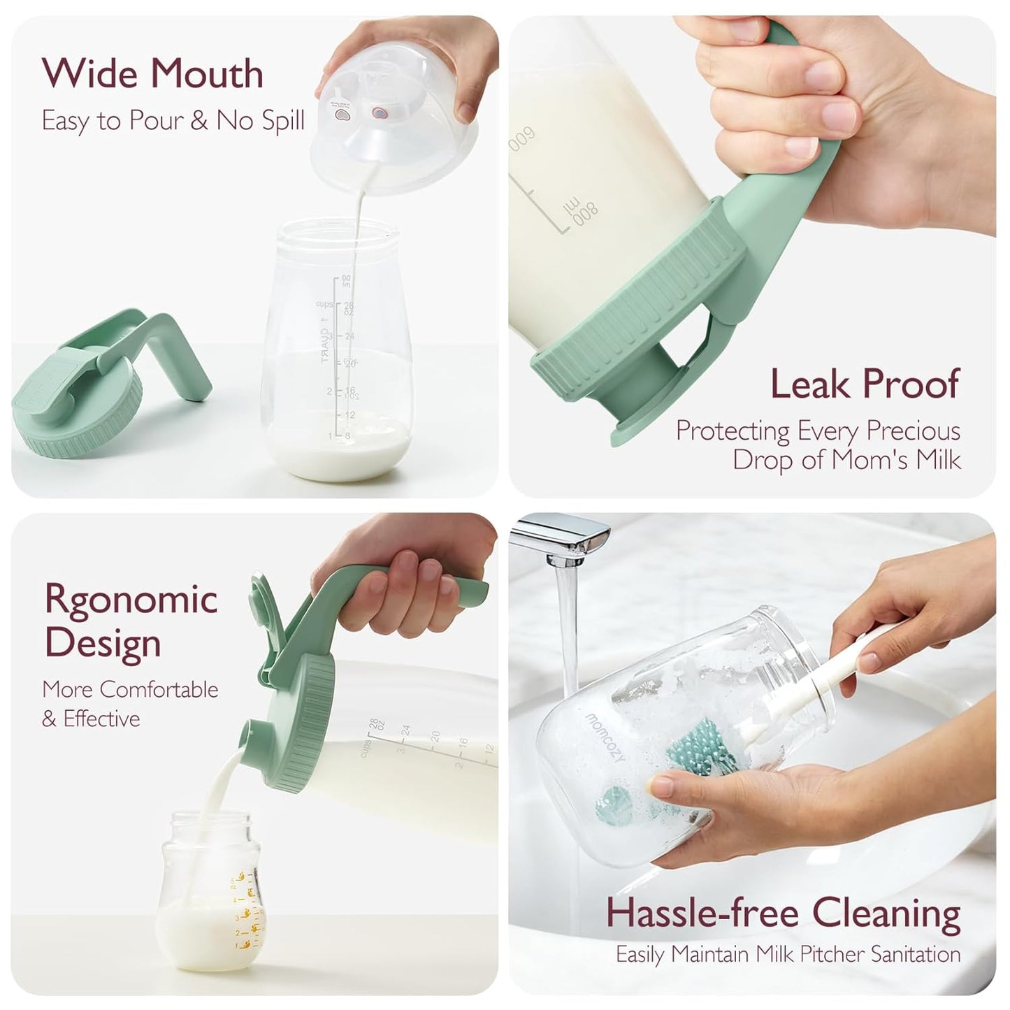 Momcozy Breast Milk Pitcher, Resistant to Heat and Cold Abrupt Temp Swings, No Leak Glass Breast Milk Fridge Storage Container with Wide Mouth, Fast Baby Formula Maker, Green