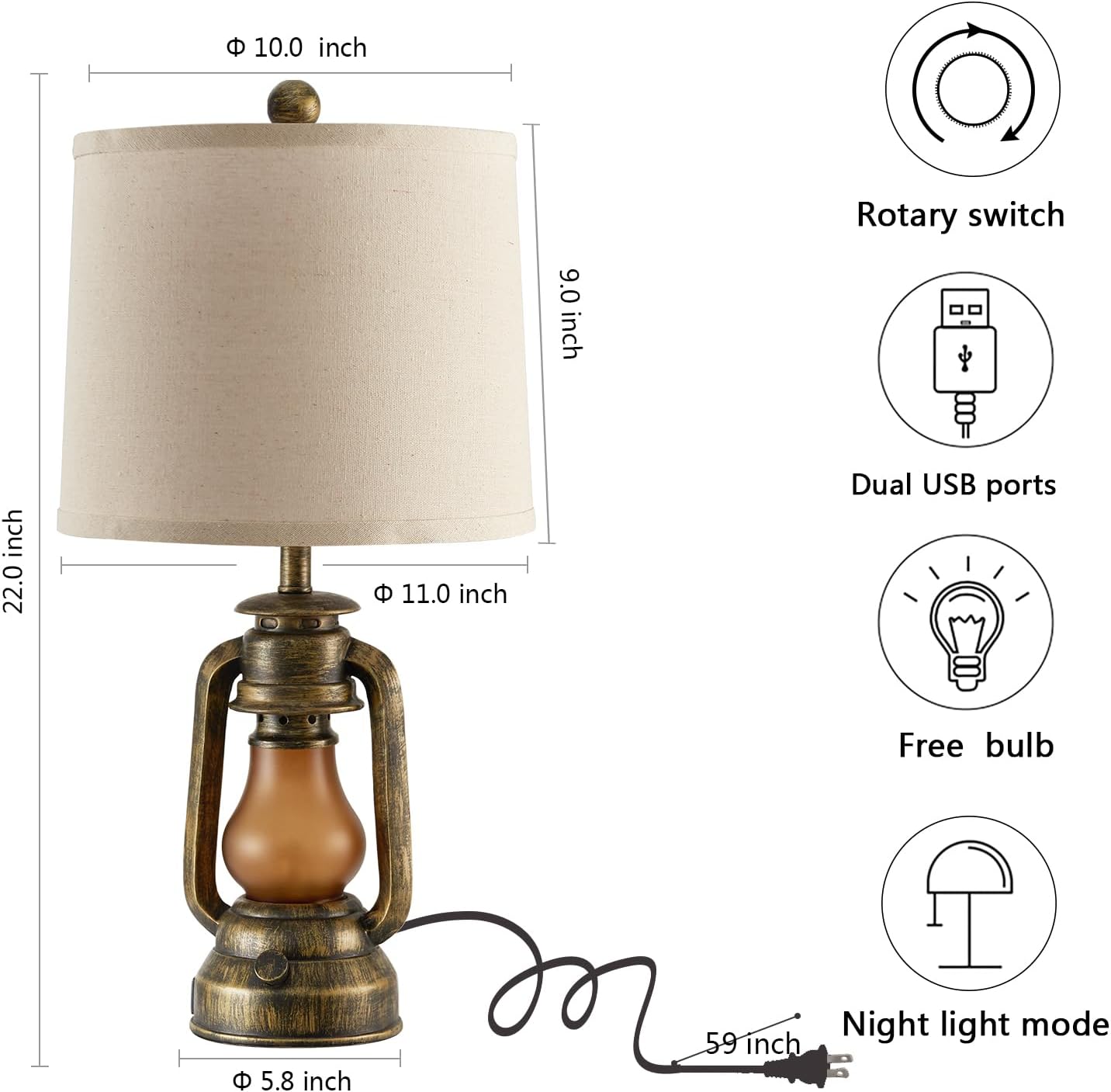 RORIANO Set of 2 Farmhouse Lantern Table Lamps for Living Room with 2 USB Charging Ports, Rustic Vintage Nightstand Lamps with Nightlight for Bedroom End Table Entryway, 4 Bulb Included