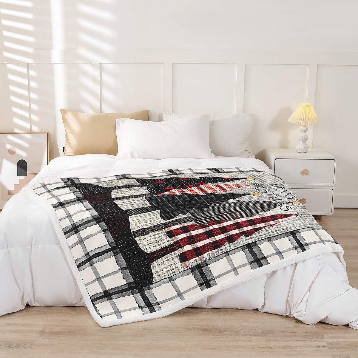 Feelyou Christmas Sherpa Blanket Queen 90"x90" Christmas Tree Fleece Throw Blanket for Bed Sofa Couch Silver Grey