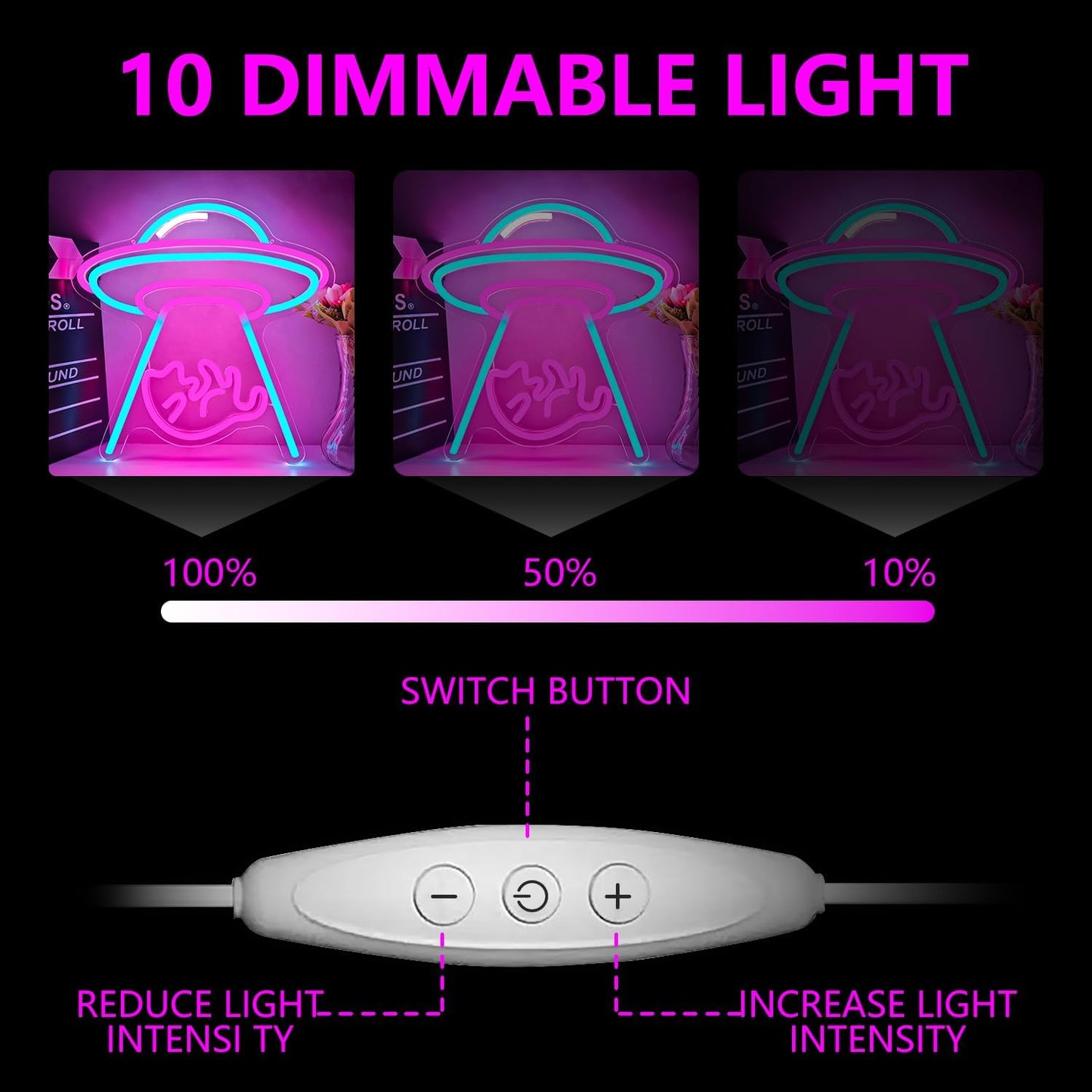 UFO Cat Neon Signs for Wall Decor Cat Neon Light USB Powered Dimmable Flying Saucer Light up Sign for Bedroom UFO Alien Night Lamp for Christmas Birthday Gifts