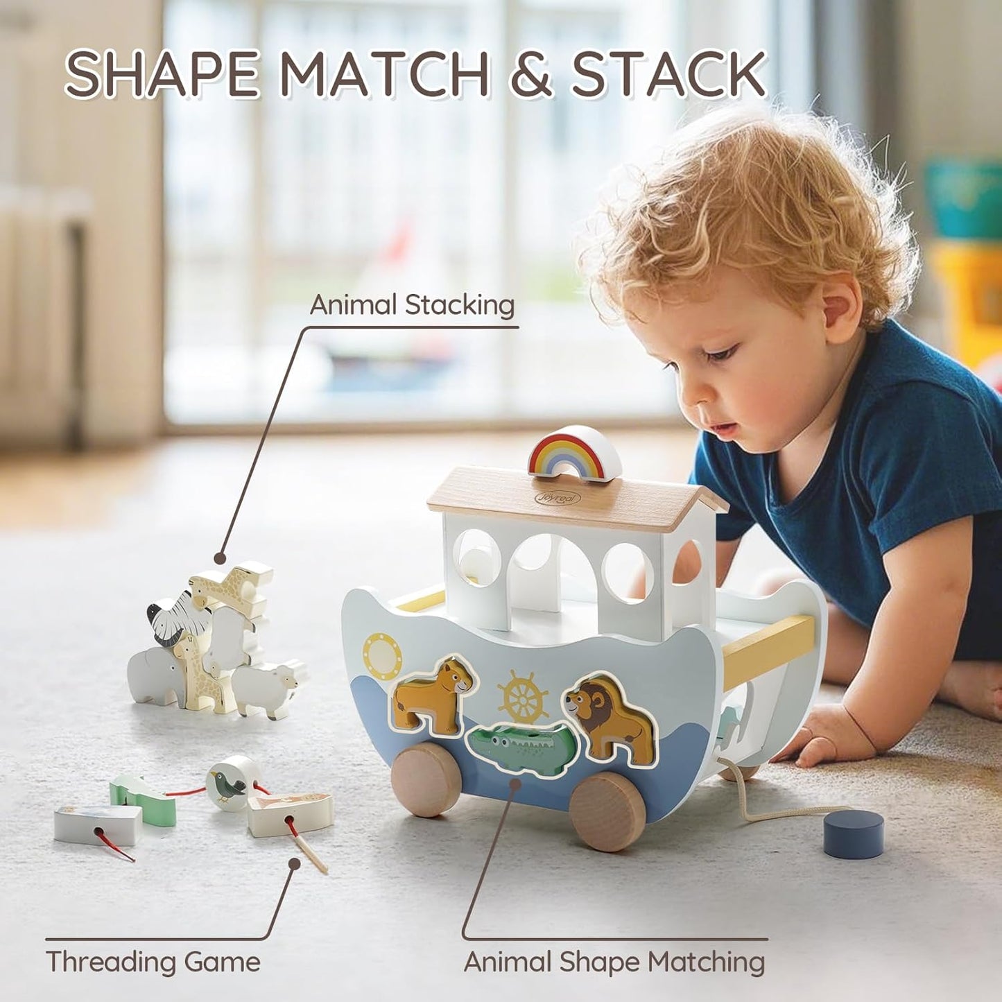 Joyreal Wooden Noah's Ark Toy for 1 Year Old Baby Boy and Girl Baptism Gift - Neutral Color Montessori Educational Toy with Animal Shape Sorter - Christian Toys for Toddler 1-3 Christmas Birthday Gift