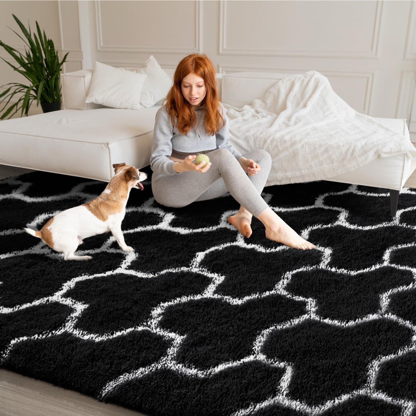 EVOIONOS 6x9 Washable Large Area Rug for Living Room, Black and White Geometric Pattern Fluffy Shag Rug for Bedroom, Ultra Soft Plush Non Slip Carpet for Indoor Floor Nursery Kid Home Decor Aesthetic