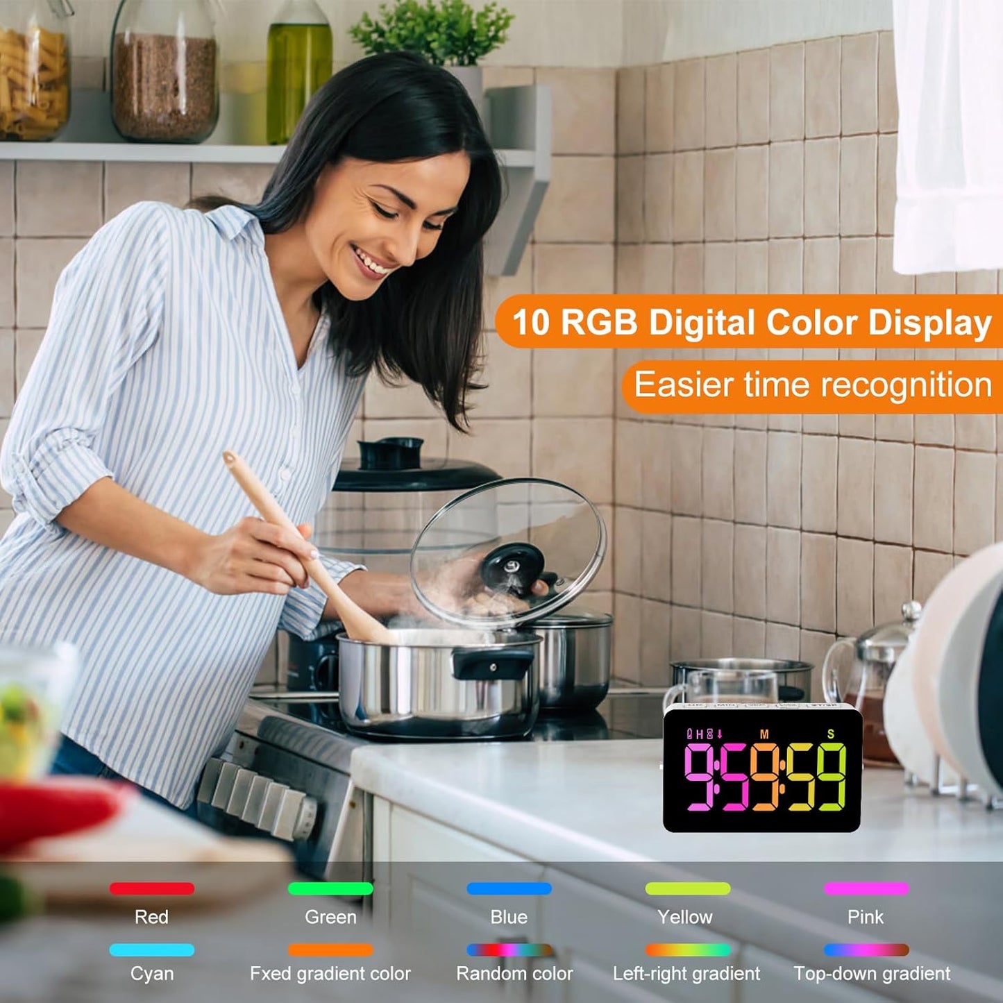 Kitchen Digital Timer, Count Down Up, Rechargeable, Vibration Mode Adjustable Volume and Brightness LED Display, Time Management Cook, Desk, Kids Adults Study Teaching, Kitchen Gadgets RGB