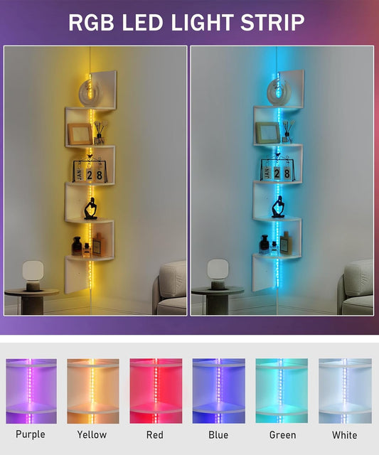 5 Tiers Corner Shelf with RGB LED Lights, 49.2" Wall Mount Floating Corner Display Shelf for Living Room Bedroom Home Office Decor, APP & Remote Control (White)