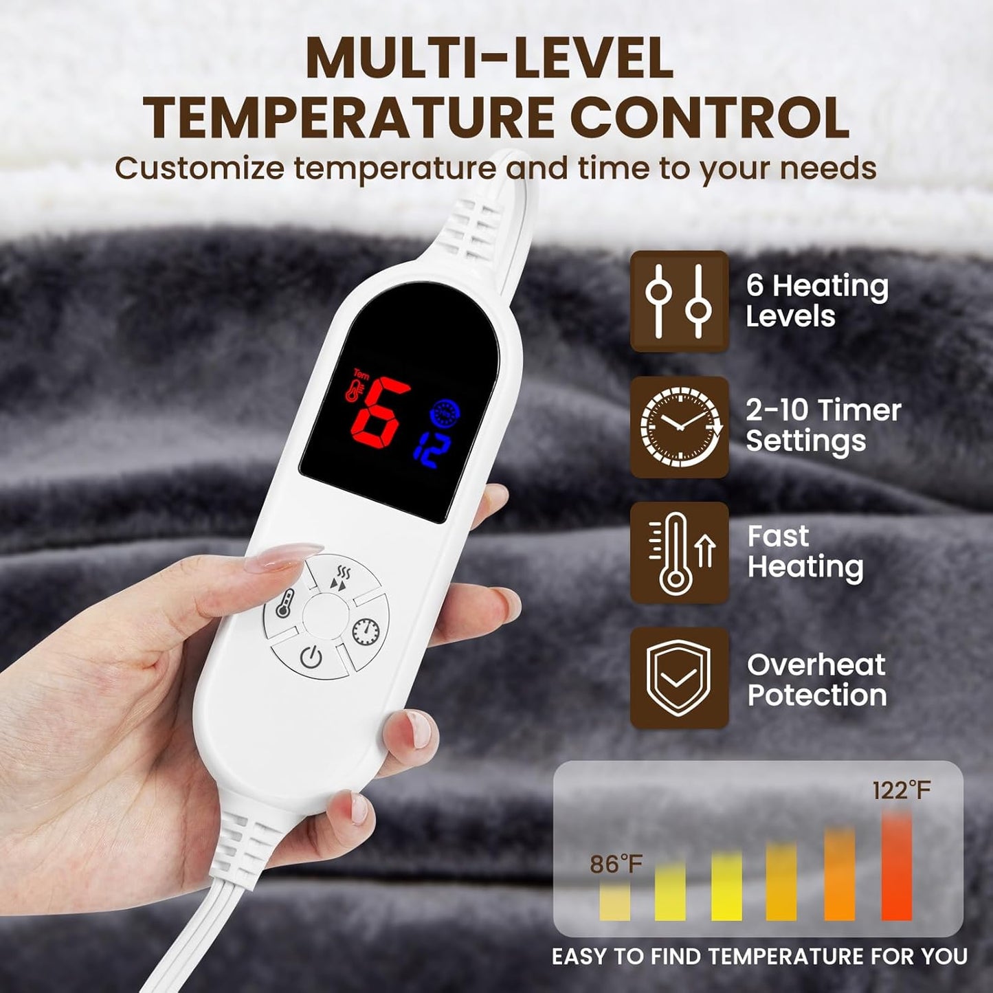DAILYLIFE Wearable Heated Blanket with Foot Pocket, 52"x72" Electric Blanket with Sleeves for 6 Heat Settings, 12 Hours Timer, Flannel & Sherpa, Charcoal