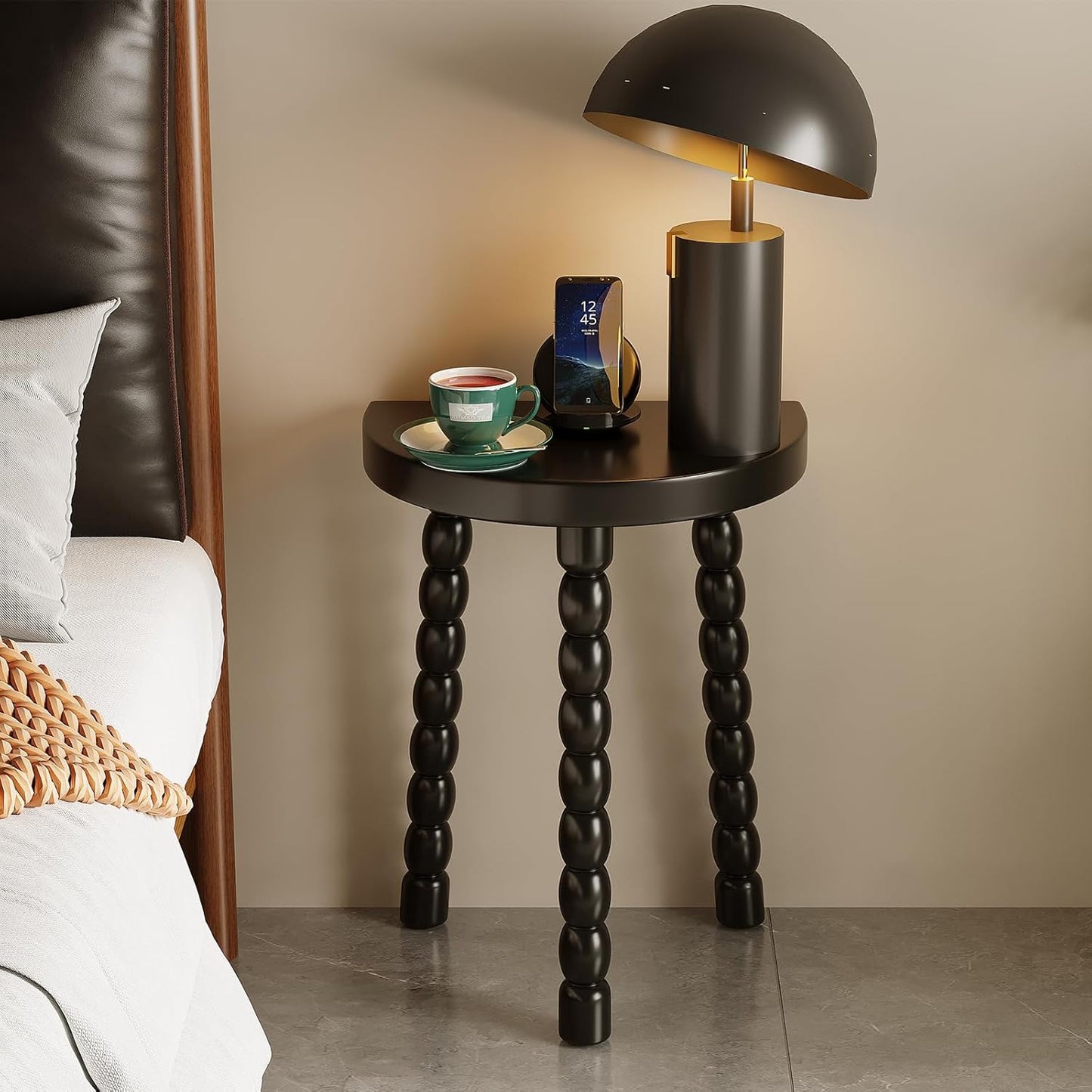 Wooden Bobbin Side Table - Plant Stand - Half Round Table - Wooden Accent Stool- Minimalist Decorative Table for Bedroom, Hallway, Living Room (1, Black)