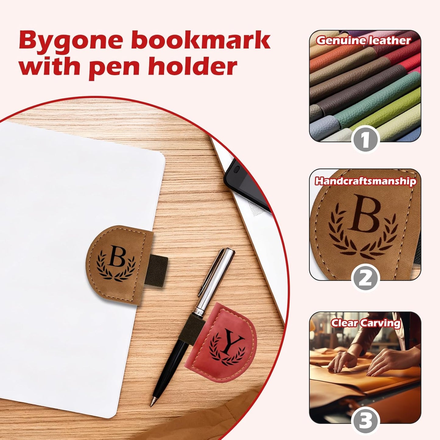 Personalized Bygone Mark Bookmark with Pen Holder, Magnetic Bookmarks with Vintage 26 Letters, Engraving Leather Magnetic Pen Holder Bookmark for Women Book Lovers Gifts (Red, A)