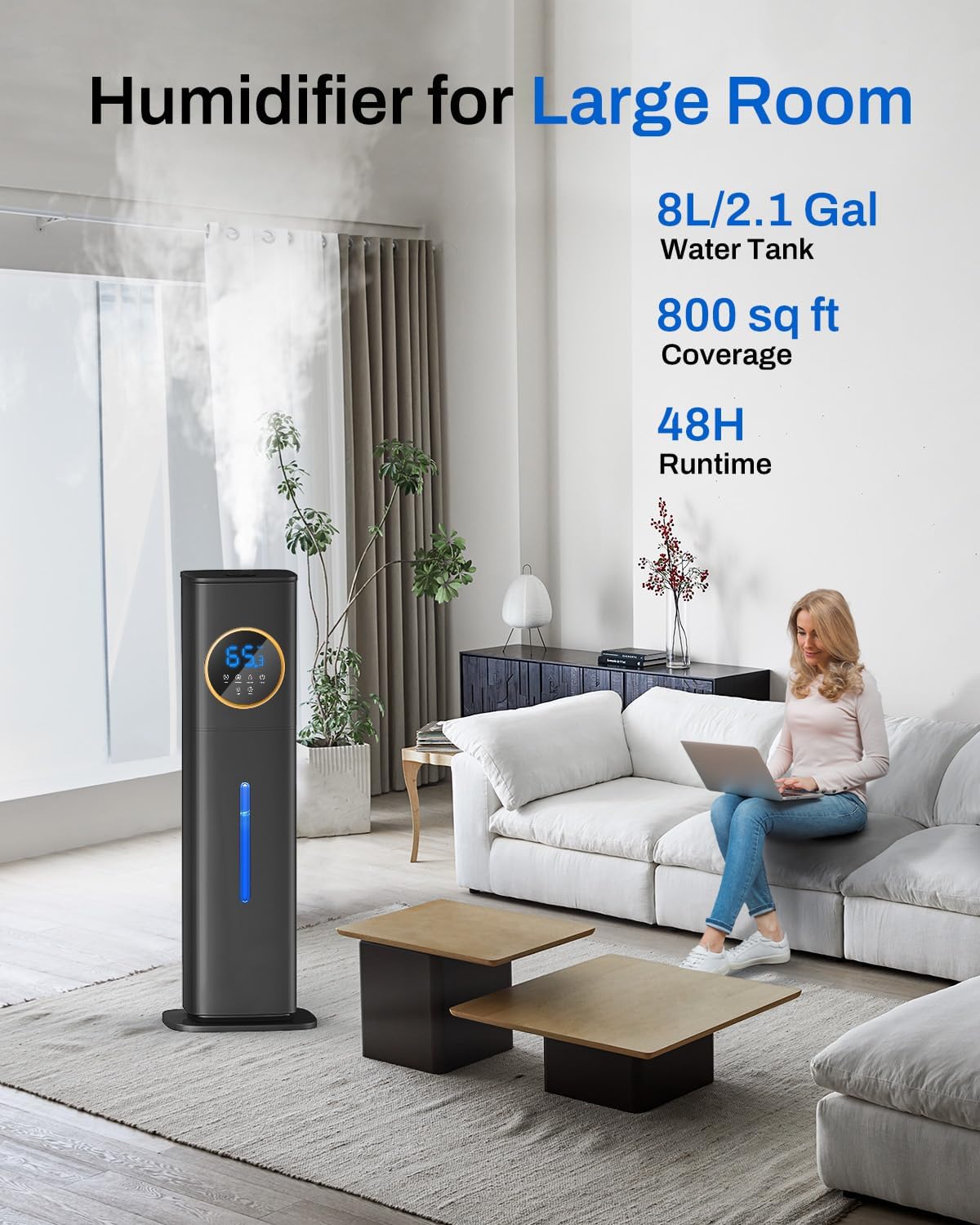 Humidifier Large Room Bedroom with Night Light, 2.1Gal(8L) Humidifiers for Home with Essential Oil Diffuser, Top Fill Whole House Cool Mist Humidifiers for Plants Baby Kids Adults(Black)