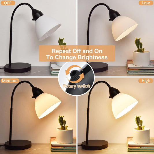 LED Desk Lamp for Home Office, 3 Levels Dimmable Reading Light, Flexible Table Lamp for Bedside Office, Rotary Switch Control, Desk Lamp for College Dorm Study Lamp, Bulb Included, Black