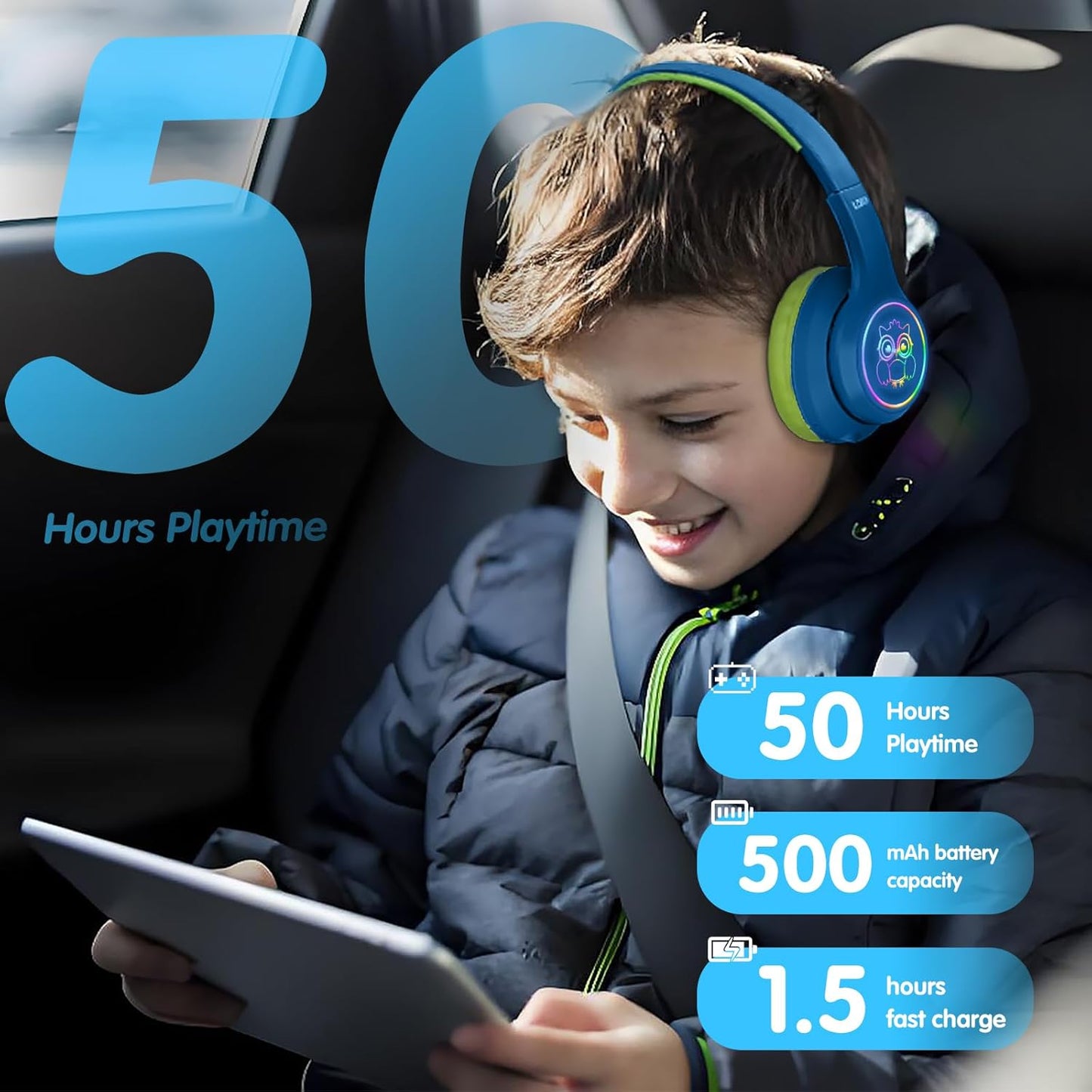 LOBKIN Active Noise Cancelling Headphones for Kids with Case - RGB LED Light Up Foldable Adjustable Over Ear Headphone Support Wireless or 3.5mm Wired Mode for Toddler & Girls & Boys Teens