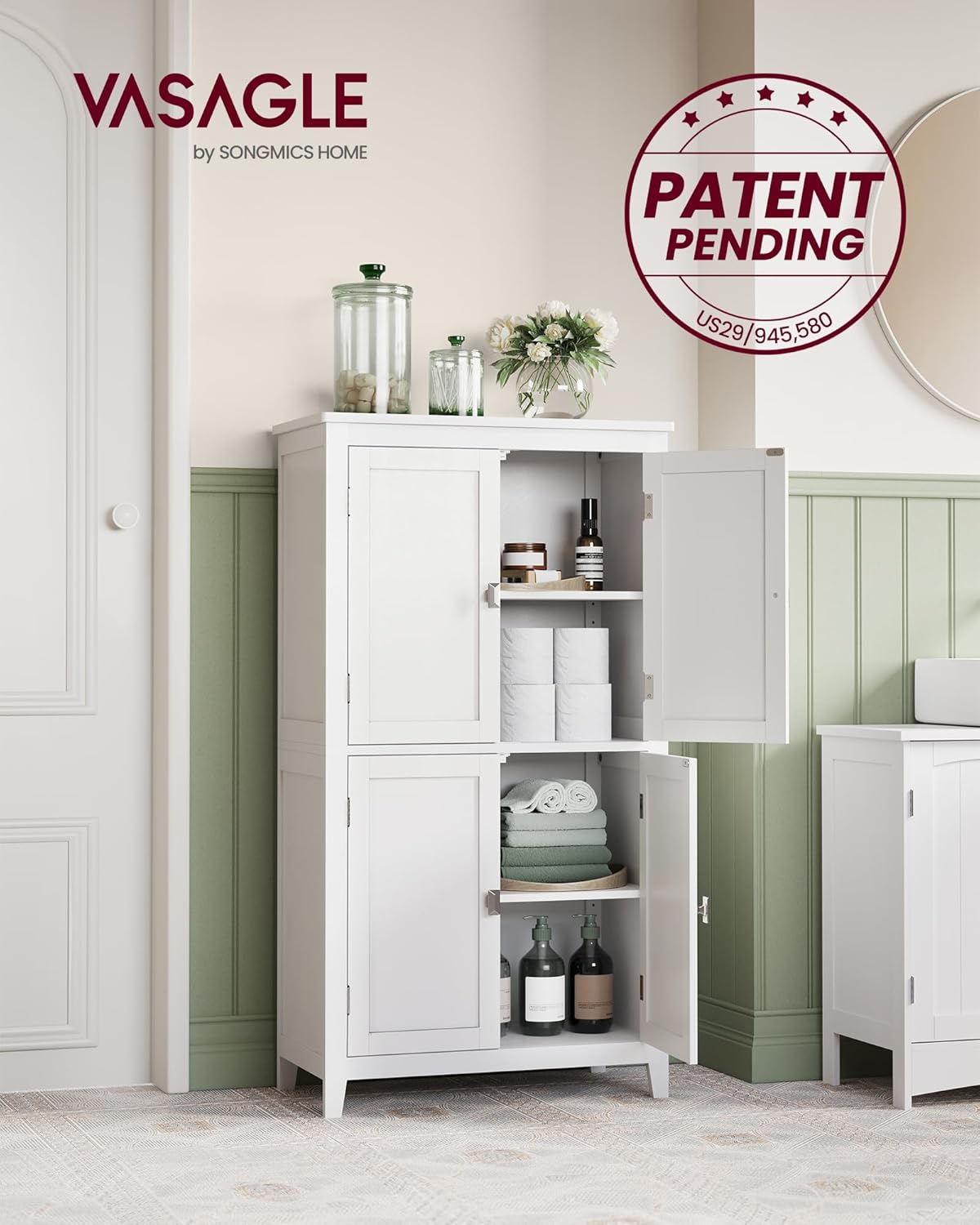 VASAGLE Floor Storage Cabinet, Freestanding Storage Unit with 4 Doors, Adjustable Shelves, 11.8 x 23.6 x 43.3 Inches, for Entryway, Bathroom, White UBBC552P31