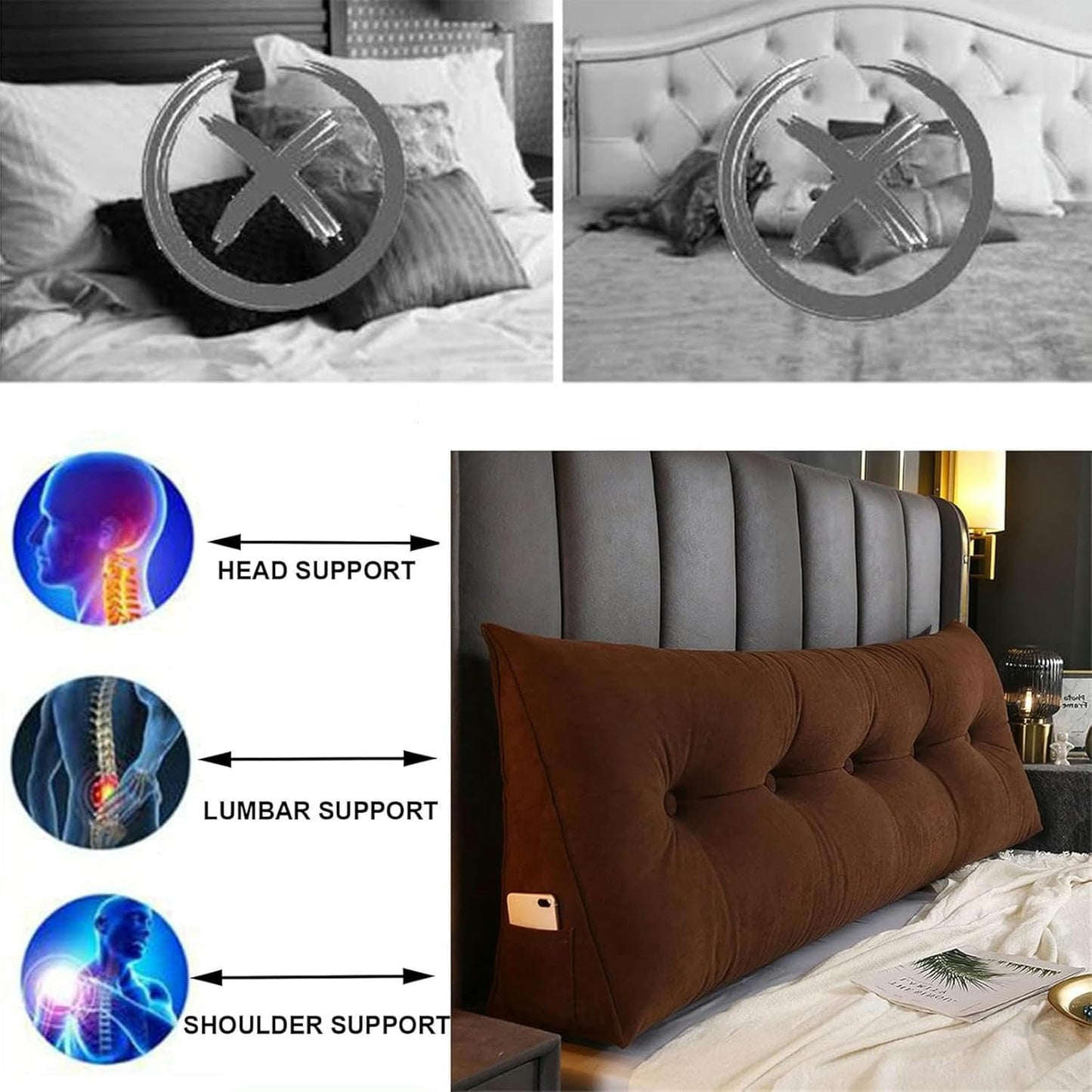 Queen Size Reading Wedge Pillows Wedge Headboard Pillows Head Roll Pillow Bed Wedge Pillow Large Bolster Bed Rest Reading Pillows Backrest Pillows for Sitting in Bed Backrest Positioning Support