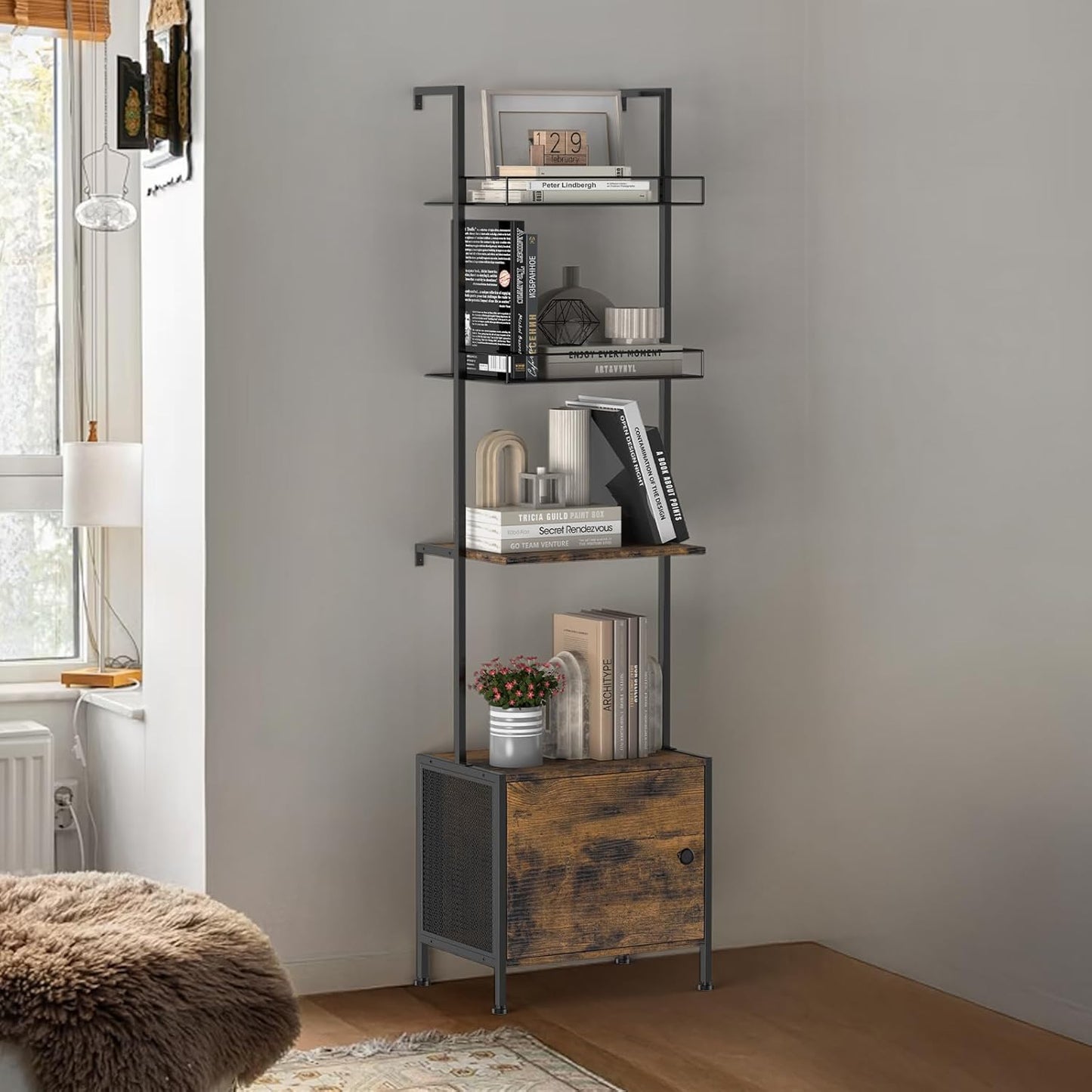Shinoske Ladder Bookshelf,5 Tier Book Shelf with Storage Cabinet,Wall Mounted Industrial Bookcase for Small Space,Metal Frame,Tall Display Shelf for Living Room,Corner,Bedroom,Office,Brown