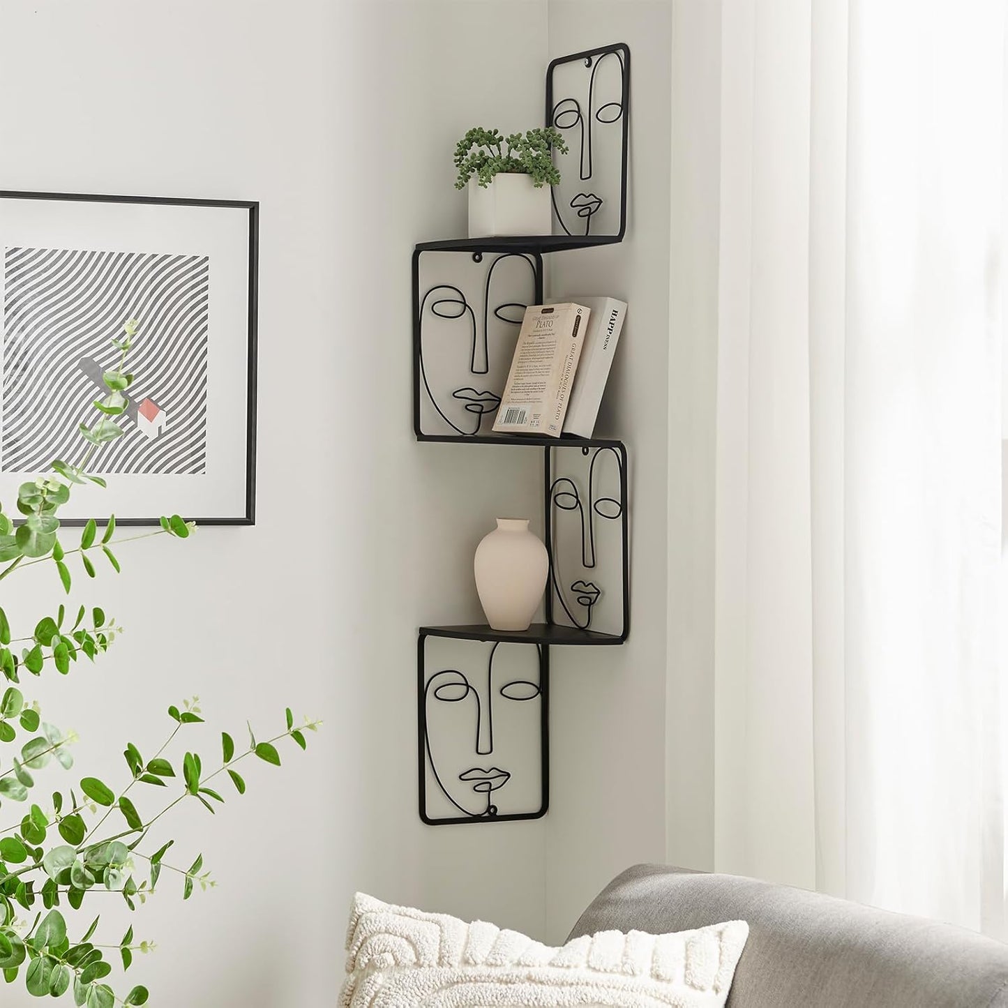 Corner Shelf, Wall Mounted Face Sculpture Display Shelf with Philosophical Art Design for Living Room Decor, Wall Corner Bookshelf Multi Unit Organizer, Tall Shelf Plant Stand for Bedroom, Bathroom