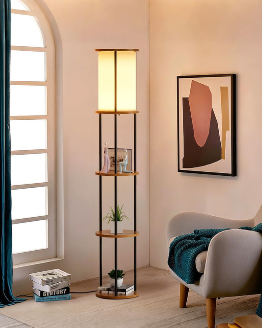 61" Floor Lamp with Shelves, Modern Black Floor Lamp with Fabric Lampshade and 3- Tier Storage Table Attached, 35lb Capacity Solid Wood, Corner Bookshelf Lamps for Living Room, Bedroom, Office