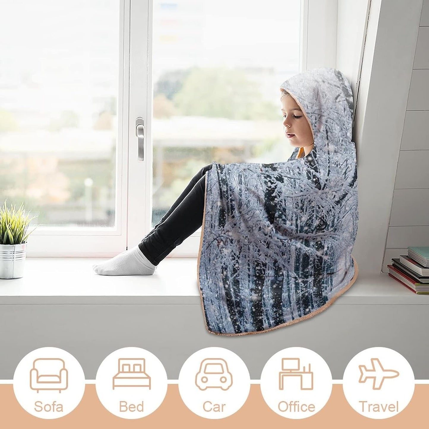 Throw Blankets, Winter Wearable Hooded Blanket for Adults, Snow Covered Forest Idyllic Early Morning, Soft Warm Cozy, 50 x 60inches, Studying Reading Snuggling Napping Office, Black White Slate Blue