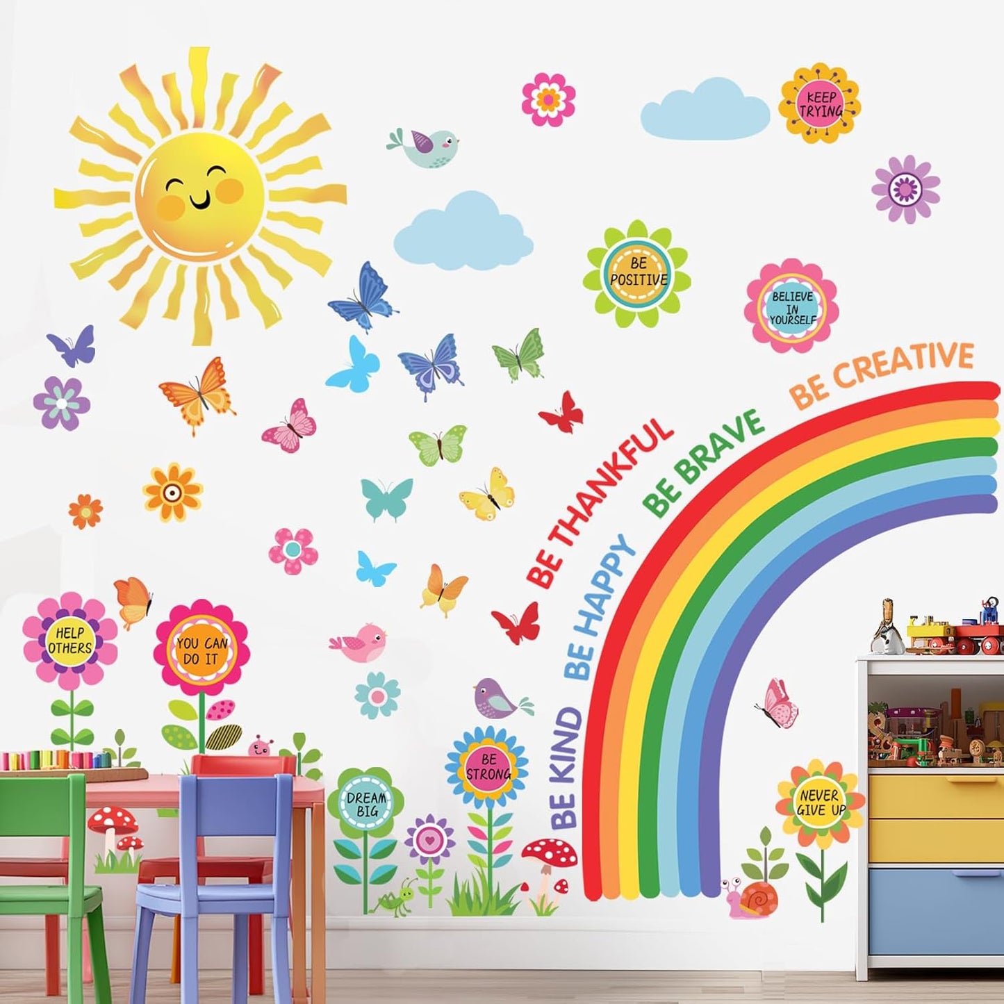 decalmile Rainbow Flower Sun Wall Stickers Reading Corner Inspirational Quotes Wall Decals Kids Playroom School Library Classroom Wall Decor