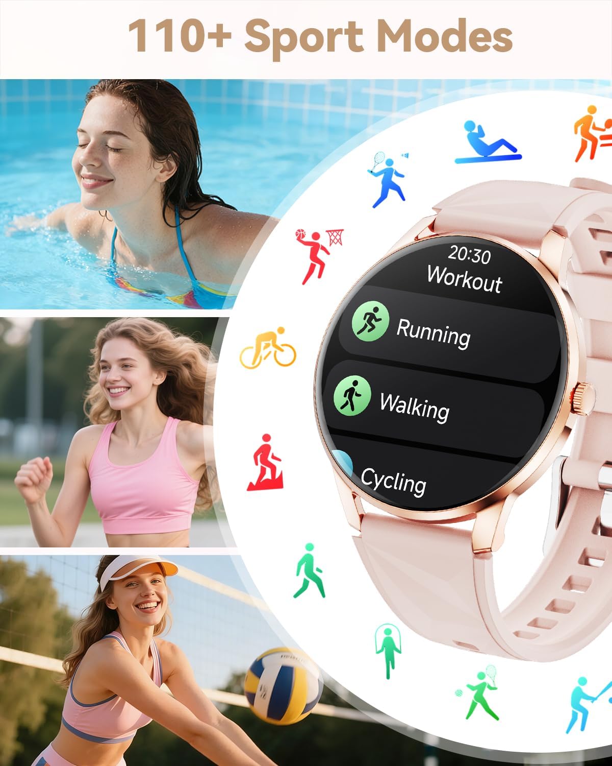 Smart Watch for Women Android/iPhone, 1.32" AMOLED Screen Smartwatch with Answer/Make Call/Fitness Tracker/Heart Rate/SpO2/Sleep Monitor/110+ Sport Modes, 2 Bands