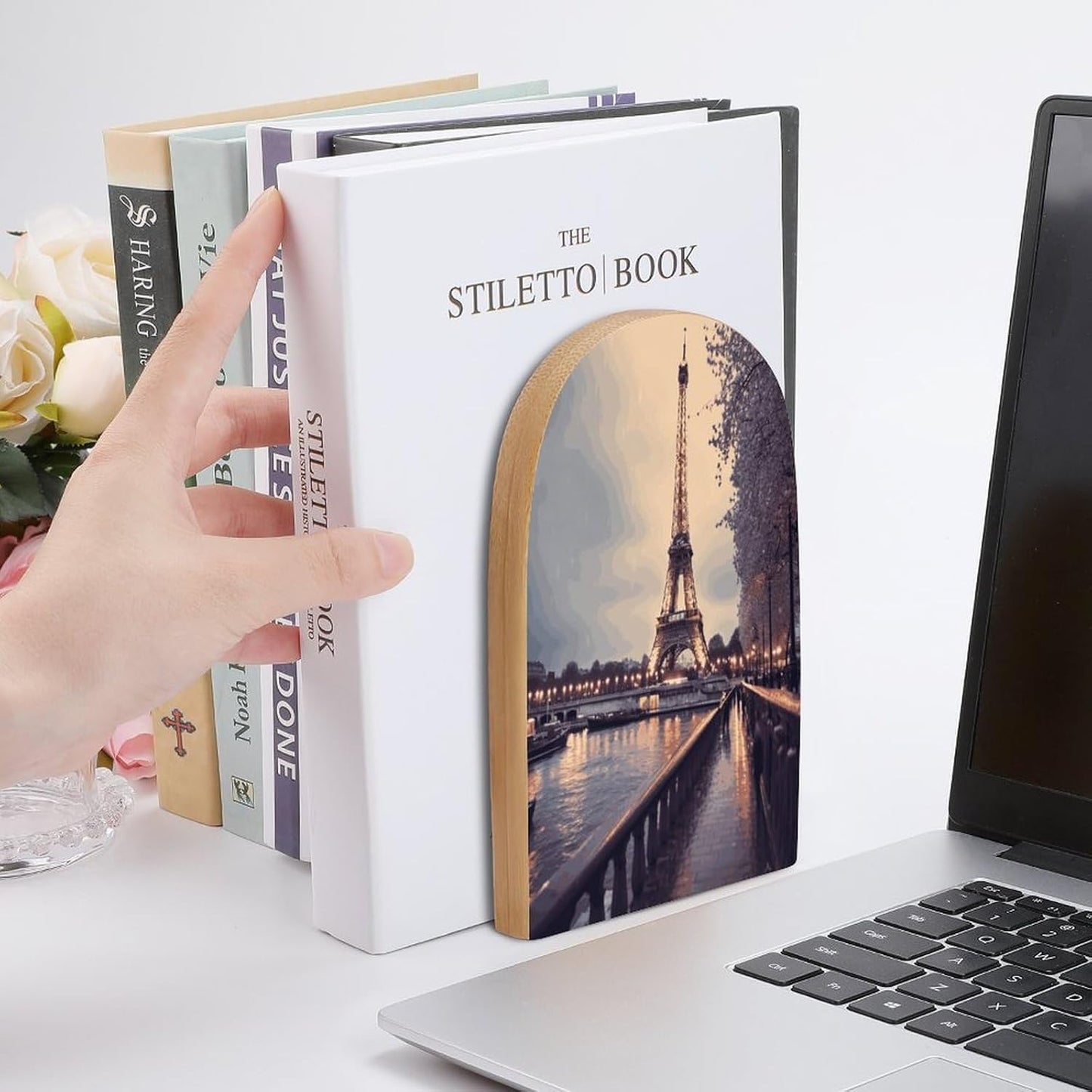 Eiffel Tower Winter Rainy Bookend for Shelves Wooden Book End Large Size Sturdy Book Holders Stoppers with Metal Base for Bookshelves Slick Decorative Bookends Stands