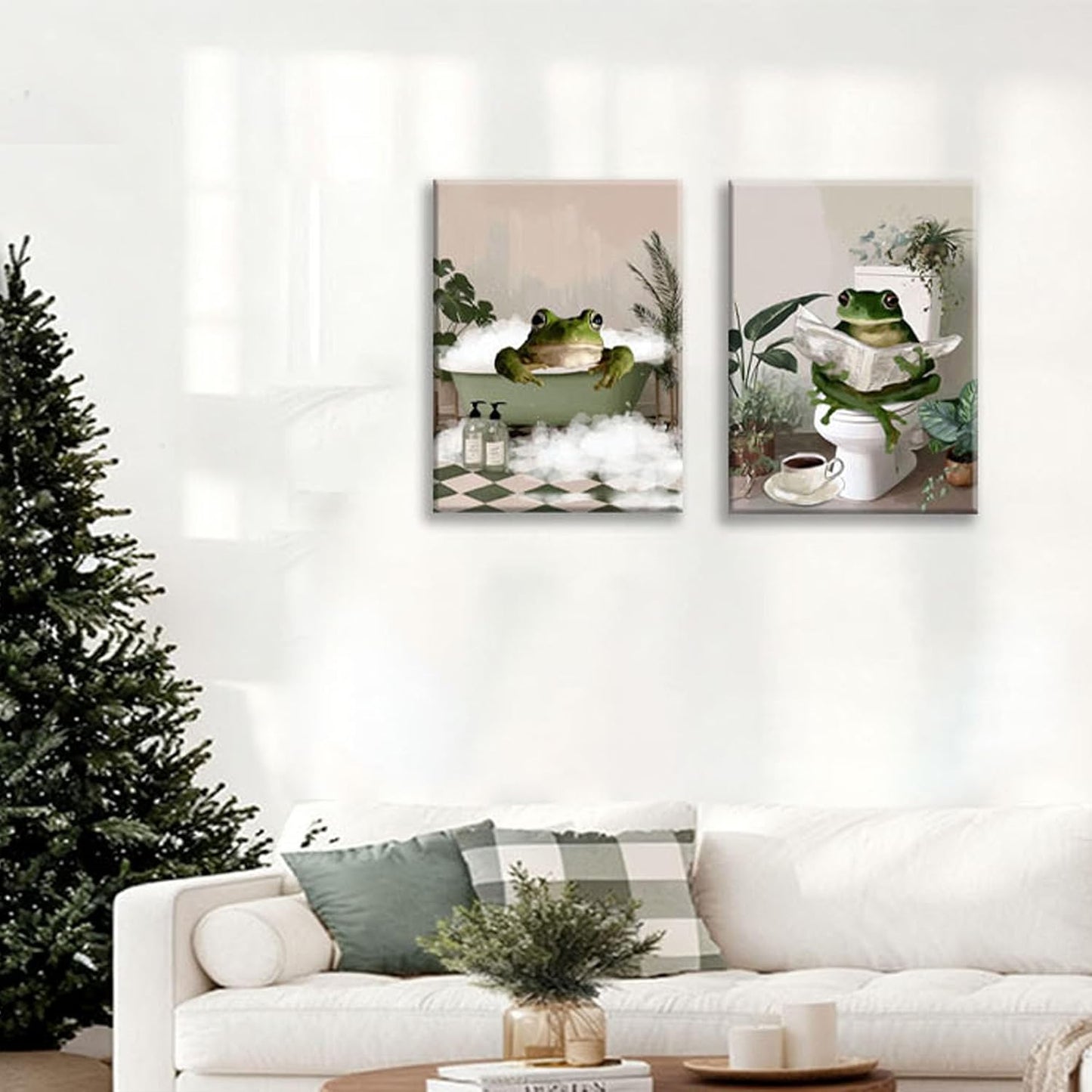 Frimeeme Set of 2 Funny Frog Bathroom Canvas Wall Art, Funky Frog in Bath Wall Decor，Green Bathroom Canvas Prints Decor Pictures Aesthetic Framed,12x16 inches