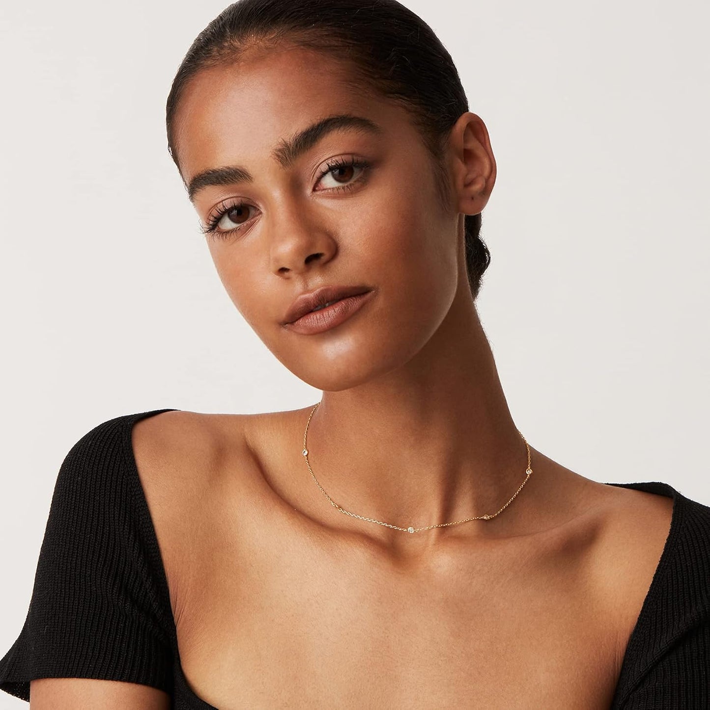 PAVOI 14K Gold Plated Station Necklace - Simulated Diamond Layering Necklaces - Womens CZ Chain