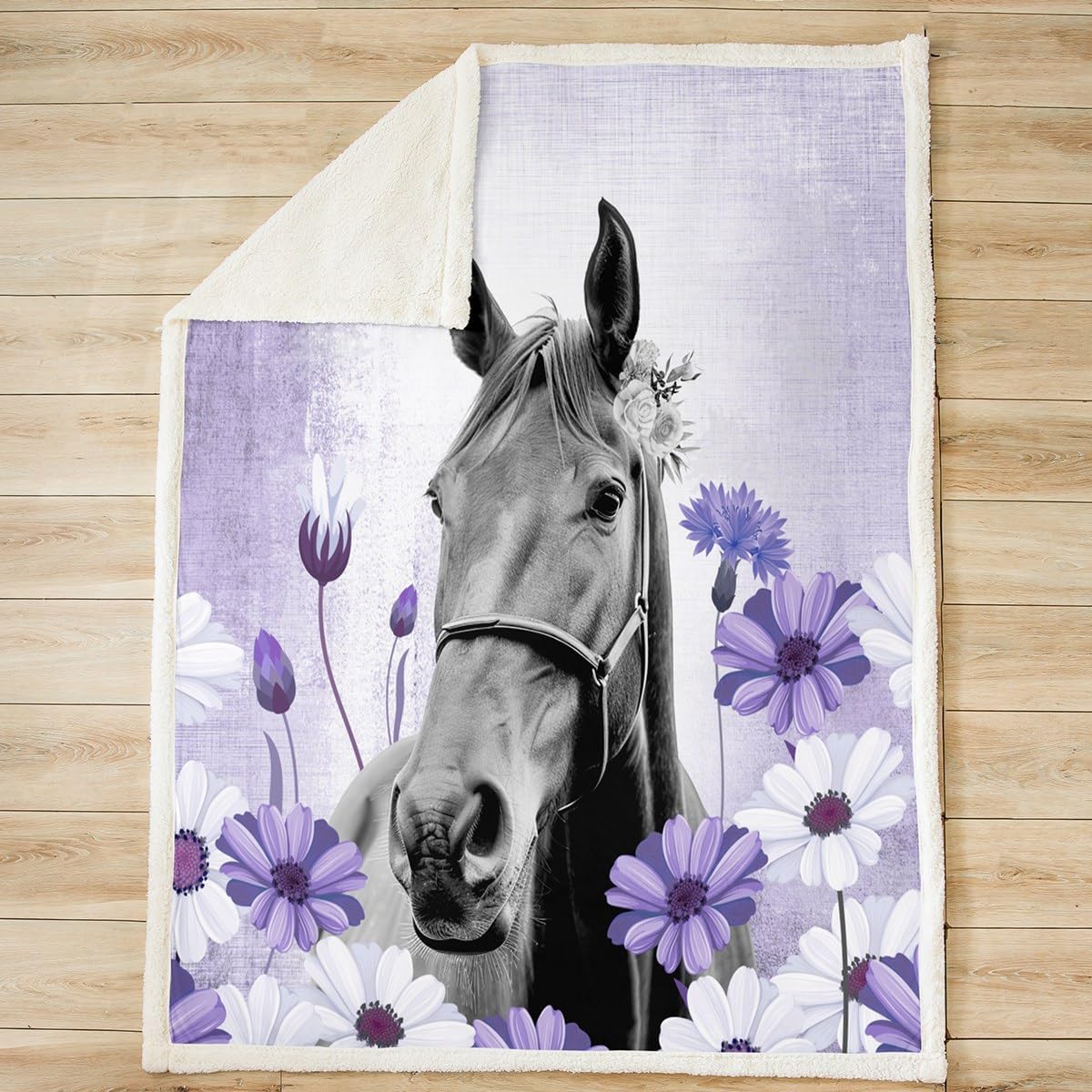 Feelyou Girls Horse Fleece Throw Blanket for Horse Lover Throw 50"x60" Farmhouse Daisy Floral Sherpa Throw Blanket 3D Horse Flower Plush Blanket Purple Abstract Room Decor Fuzzy Blanket