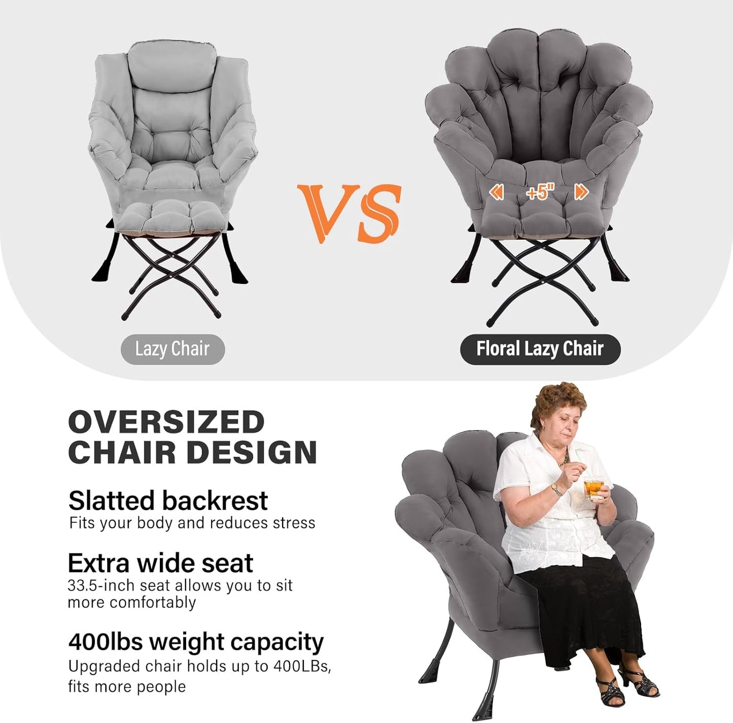 Lazy Chair with Ottoman, Modern Floral Reading Chair with Folding Footrest, Dark Grey Accent Chairs, Comfortable Oversized Armchairs for Bedroom, Living Room, Courtyard