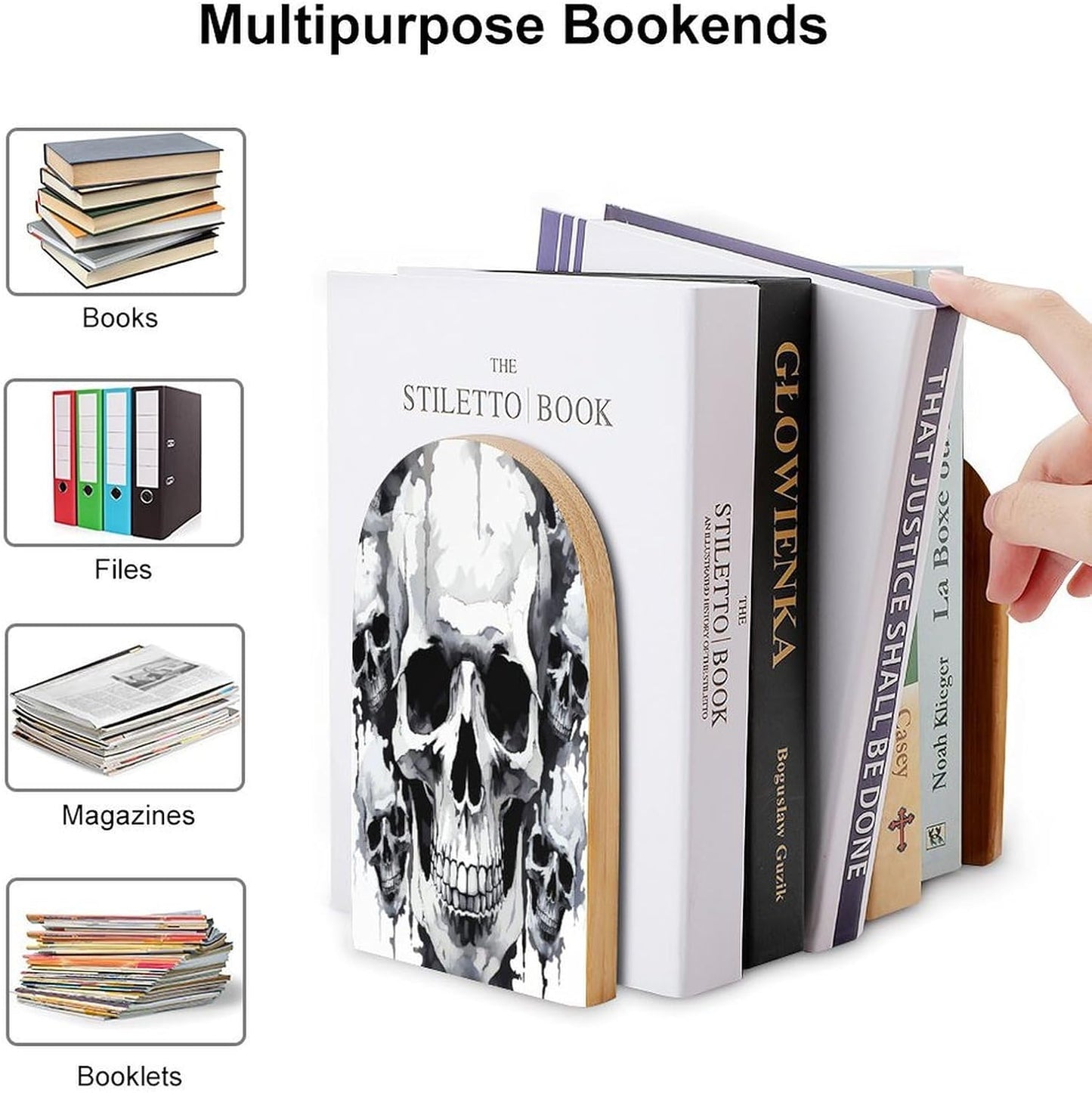 White and Gray Skull Graphics Bookend for Shelves Wooden Book End Large Size Sturdy Book Holders Stoppers with Metal Base for Bookshelves Slick Decorative Bookends Stands