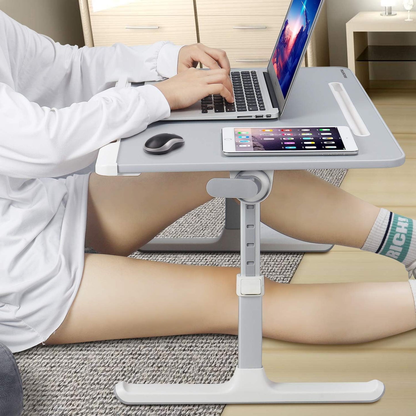 NEARPOW XXL Bed Table Desk for Laptop and Writing, Adjustable Computer Tray Laptop Stand for Bed or Sofa with Anti-slip Leather, Removable Stopper, Book Stand and Drawer - Gray