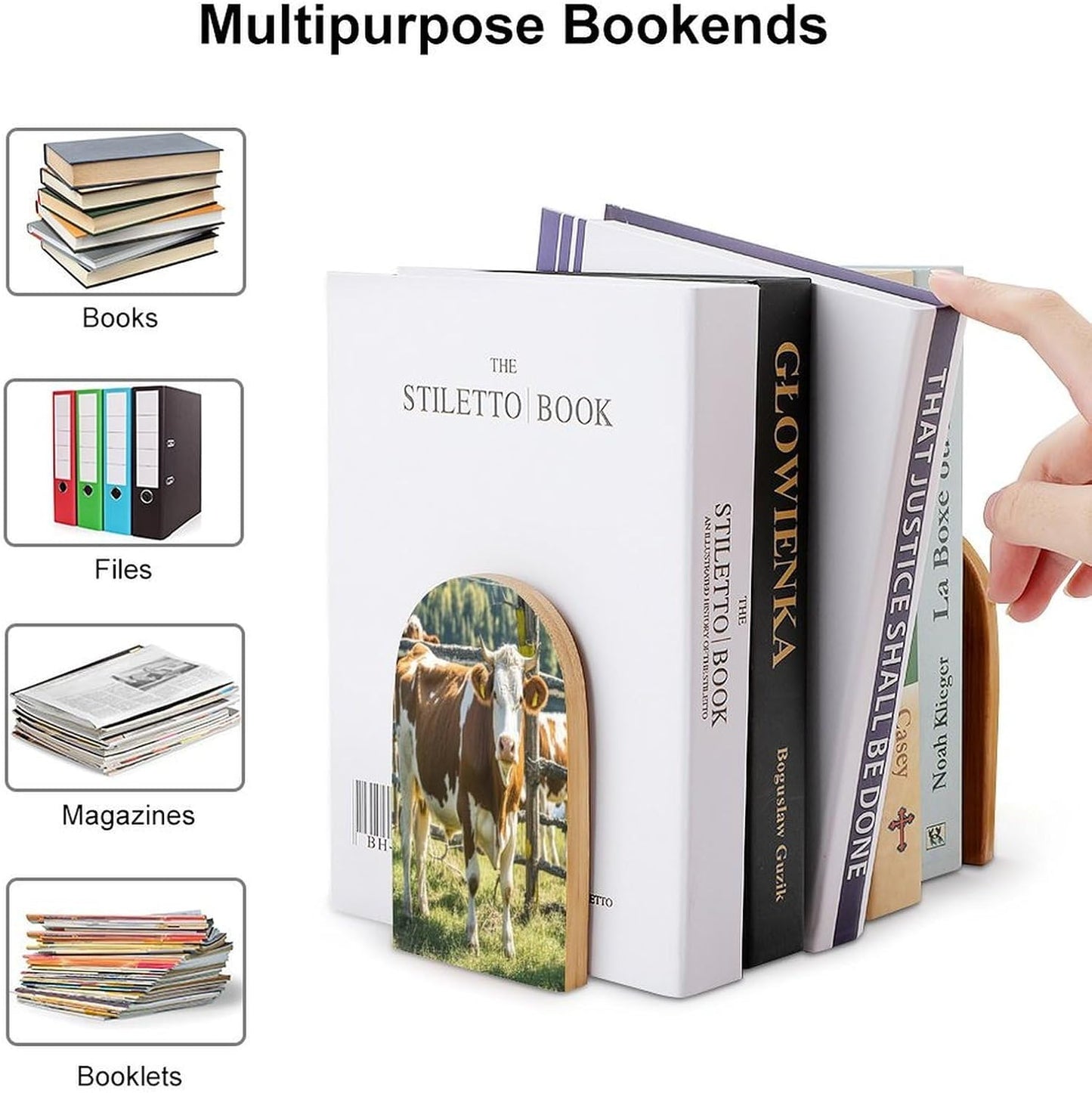 Farm Cow Pictures Bookends 1 Pair Heavy Duty Book Ends for Shelves Non-Skid Bookend Supports Wooden Book Holders with Metal Base Desk Organizers Books Storage to Hold Books