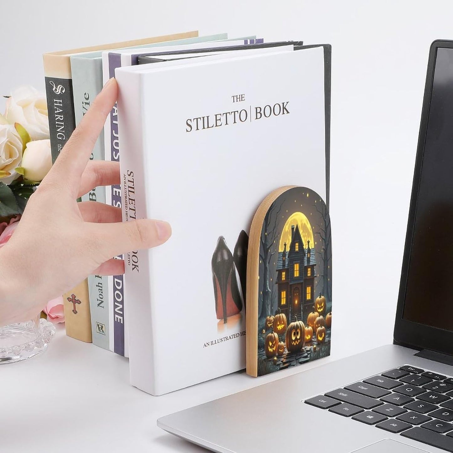 Halloween Night Bookends 1 Pair Heavy Duty Book Ends for Shelves Non-Skid Bookend Supports Wooden Book Holders with Metal Base Desk Organizers Books Storage to Hold Books