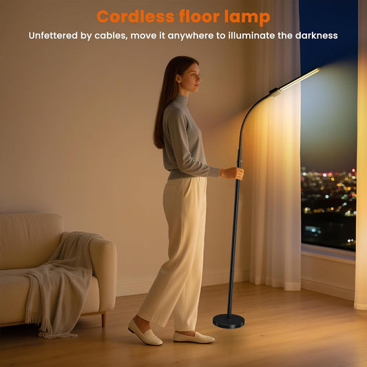 Cordless Floor Lamp LED Rechargeable - 15W Dual Head Adjustable Gooseneck Reading Light, 8000mAh Battery, Touch Control IP54 Waterproof, for Living Room, Bedroom & Emergency Lighting