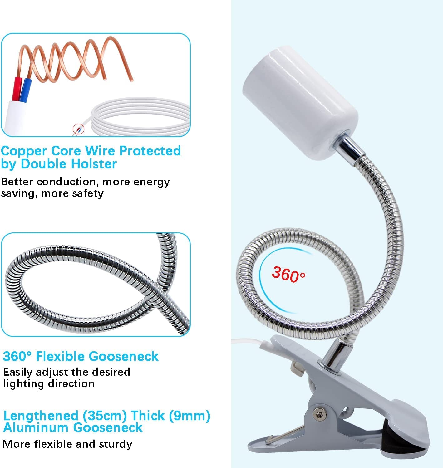 Clip on Lamp Holder, White Clamp Light Socket, Clip on Desk Lamp, E26 Book Clamp Light Fixture, 360° Flexible Gooseneck Lighting, E27 Bulb Holder with 7 Ft Plug and Switch, for Bedside