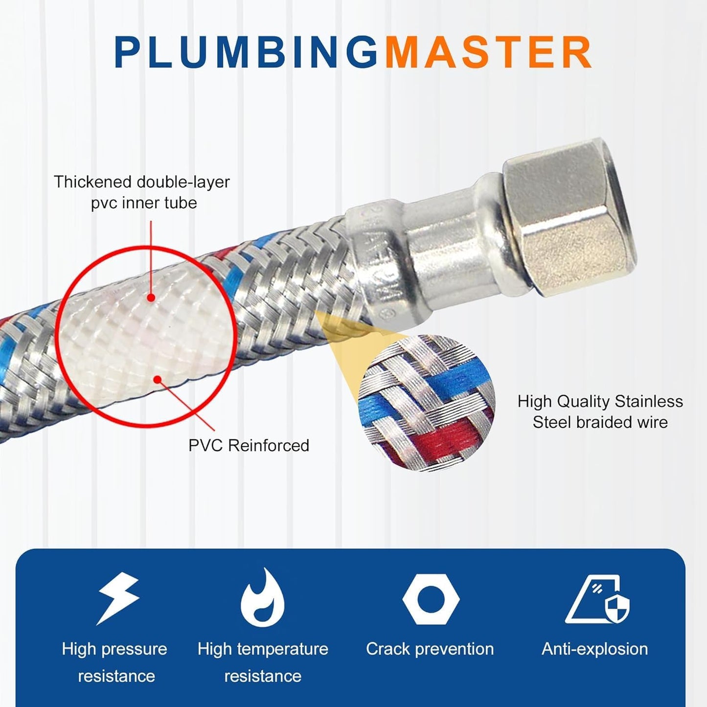 [10-Pack] PLUMBINGMASTER Faucet Hose,Faucet Supply Lines (3/8" Comp x 1/2" FIP), Certified Safe Supply Lines for Bathroom Faucet (16 inch)