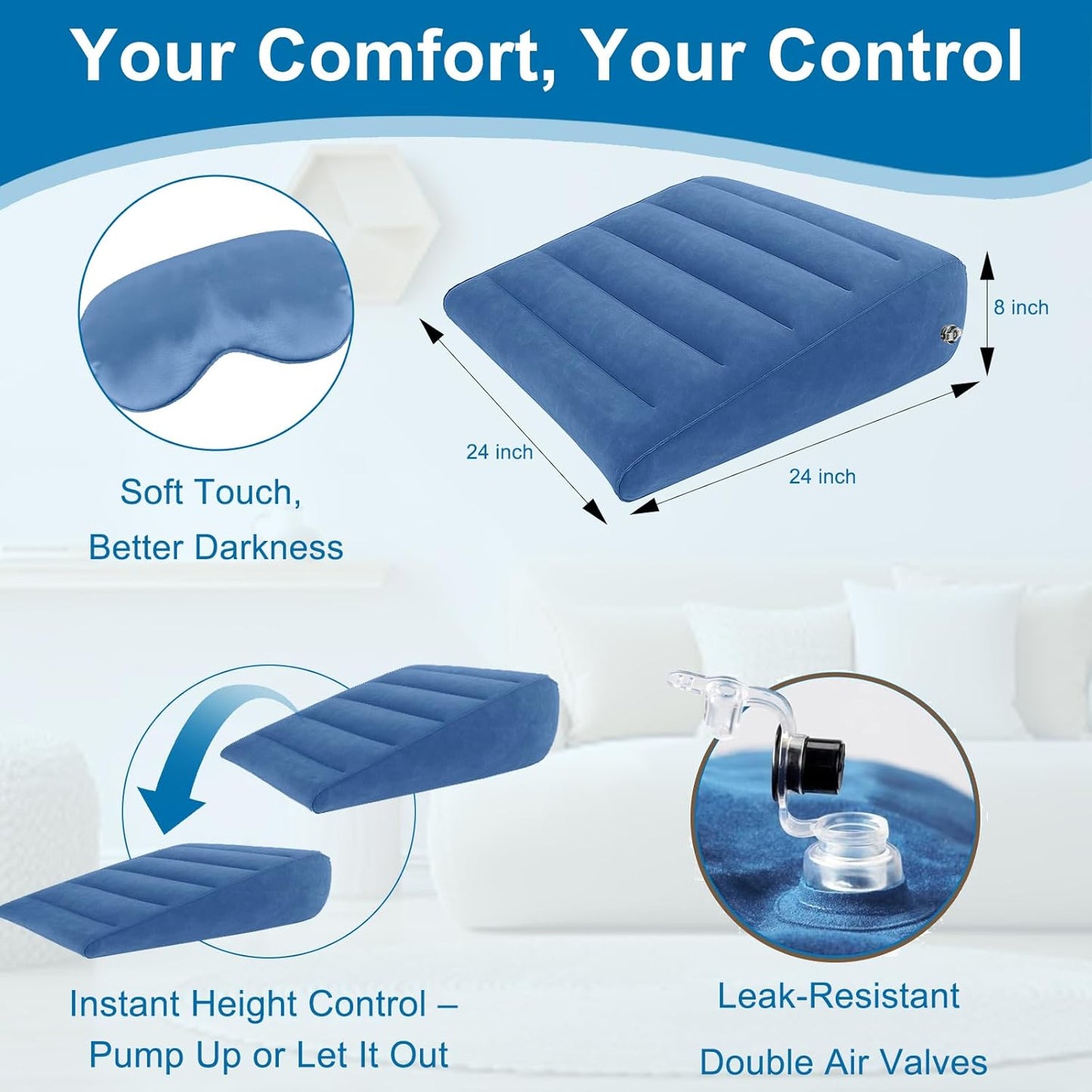 TheClover Inflatable Wedge Pillow for Traveling & Sleeping - 7.1 Inch Bed Wedge Pillow for Acid Reflux, Snoring, Back Support, Sleeping Upright After Surgery,Portable Inflatable Pillow with Eye Mask