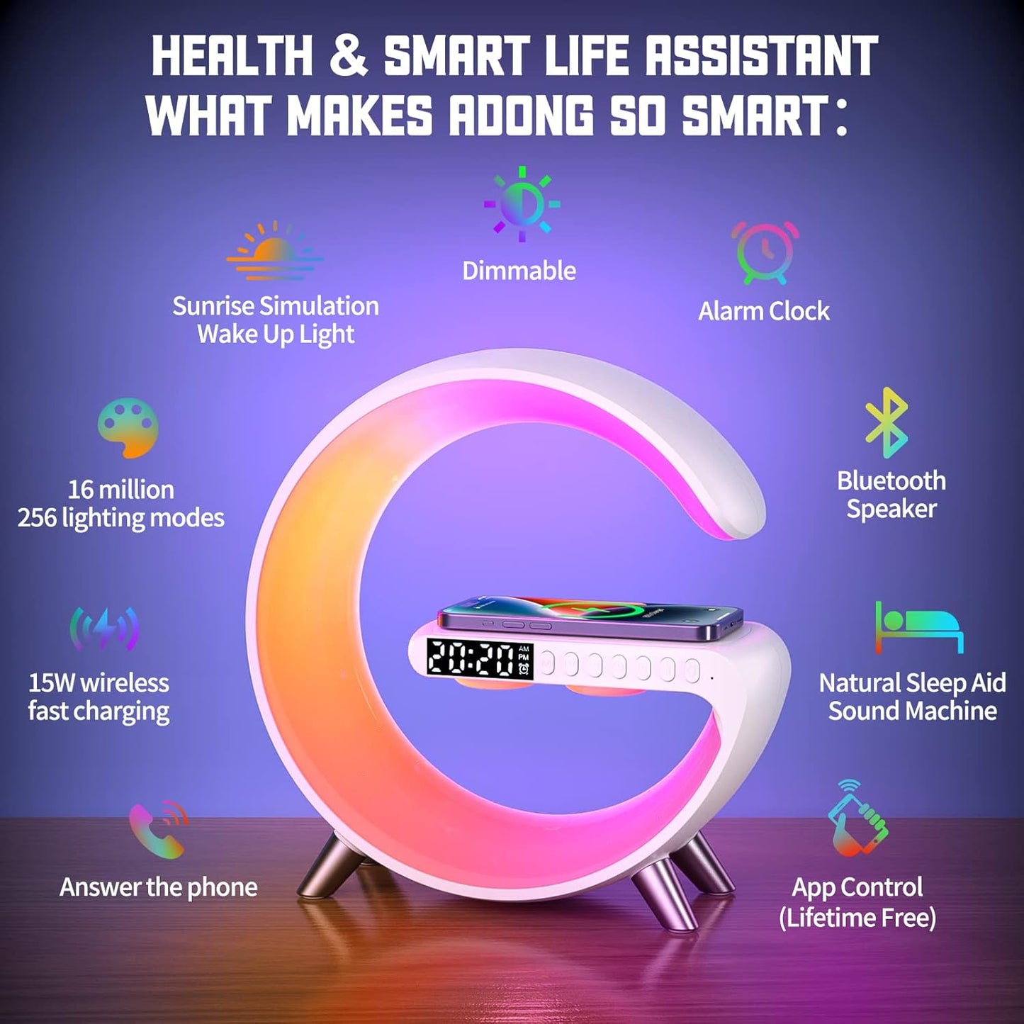 Smart LED Table Lamp, 4-in-1 Wireless Charger, Music Rhythm Ambient Night Light, Alarm Clock, and Bluetooth Speaker with App Control, G-Shaped Lamp for Bedroom, Office and Home Decor (White)