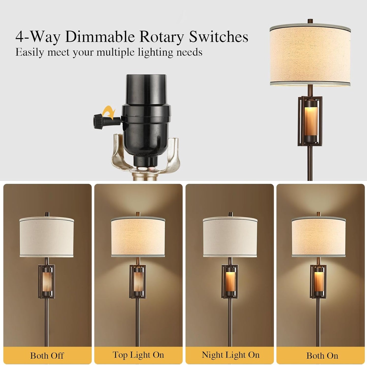 RORIANO 63'' Rustic Floor Lamp for Living Room with 2 Light Sources, Farmhouse Tall Standing Lamp with Amber NightLight, Vintage Lamp for Bedroom Reading Room Office, Bulbs Included (‎Brown)